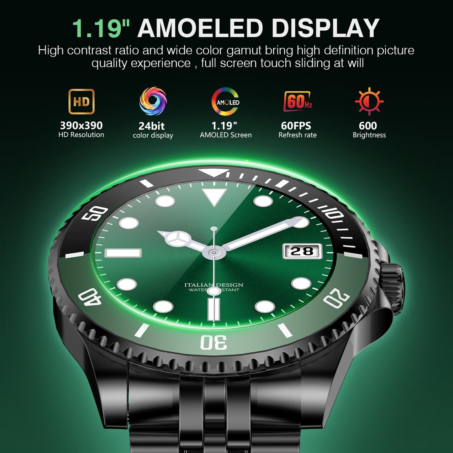 2025 DA GPT Smart Watch with Bluetooth Call, Heart Rate, Stress, Blood Oxygen, Sleep Monitor, 107 Sports Modes, Waterproof Round Watch, 1.19-inch AMOLED Display, Compatible Android and iOS Black Green