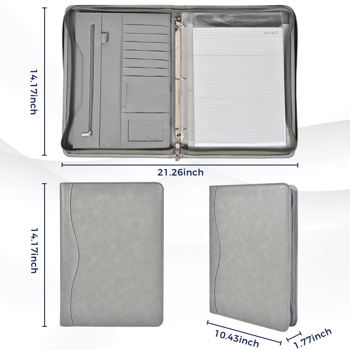 Deziliao 3-Ring Padfolio Portfolio Binder Organizer, Document Organizer Folio, 10.4 Inch PU Leather Business Portfolio with Zipper, Business Planner Notebook Organizer for Women/Men（Grey） D00070