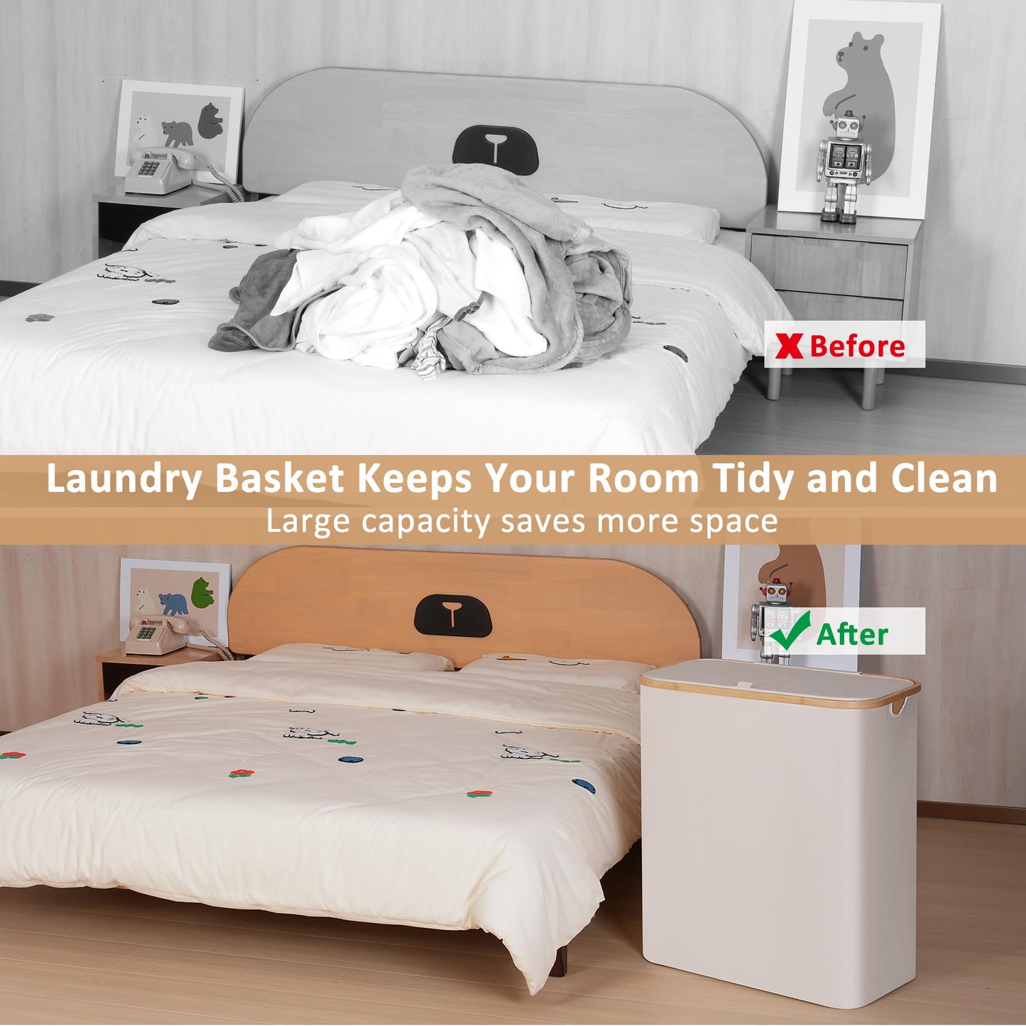 iEGrow 150L Laundry Basket with Lid, Large Laundry Hamper with Bamboo Handle, Collapsible Dirty Clothes Hamper Organizer with Removable Inner Bag for Clothes Toys Towels,Beige
