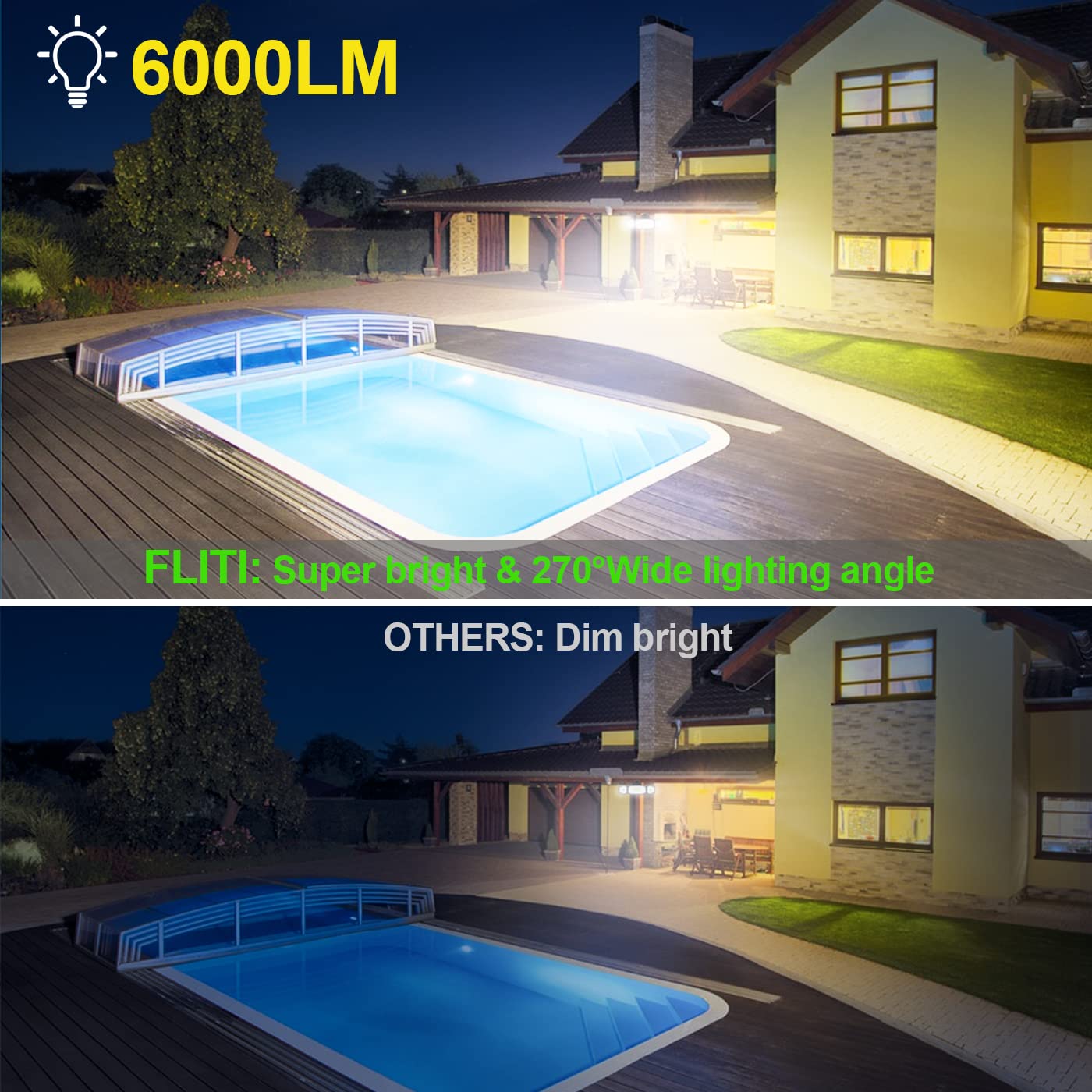 FLITI 50W Flood Light Outdoor, 5000LM Super Bright LED Flood Light, Switch Controlled Security Lights with 3 Adjustable Heads, IP65 Waterproof, 5000K Wall Mount Outdoor Light for Porch, Garage, Yard