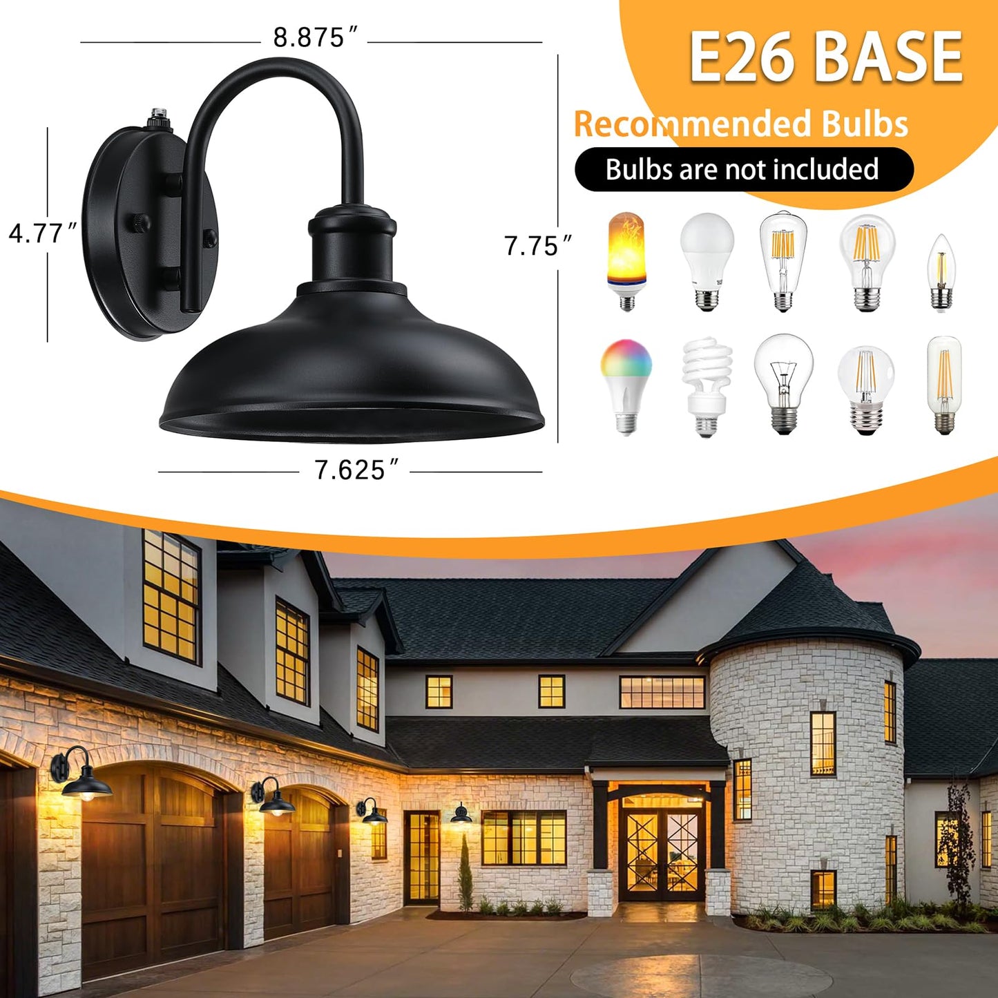 MYHXQ Dusk to Dawn Gooseneck Outdoor Light Fixtures, Farmhouse Barn Lights for Porch, Industrial Black Exterior Wall Sconce for Garage, Patio, E26 Base Anti-Rust for Garage Frontdoor Entryway, 2 Pack