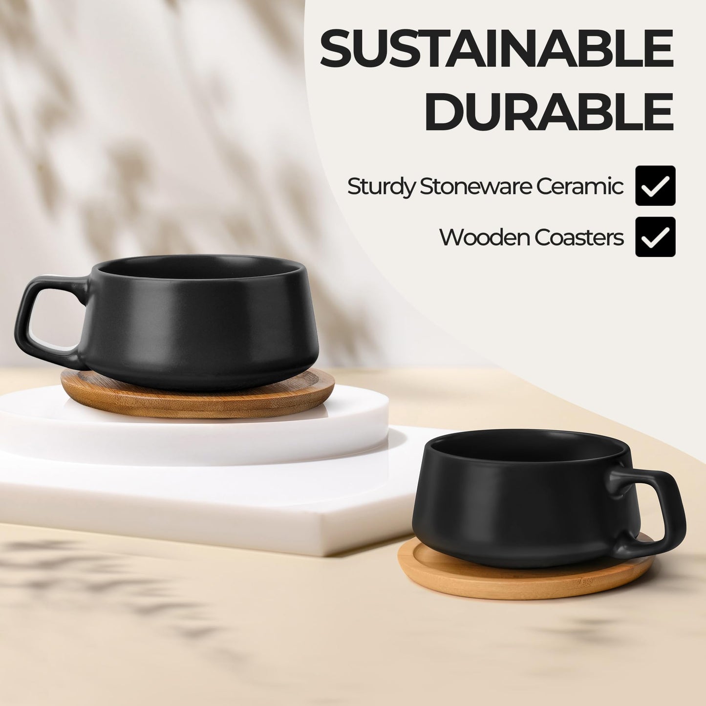 MIAMIO – 320 ml., Set of 4 Ceramic Tea Cup and Saucer Bamboo/Tea Mug - Wide Cappuccino Cup, Coffee Cups Ceramic Mug for Cappuccino, Latte, Espresso & Americano - Luxe Collection (Black)