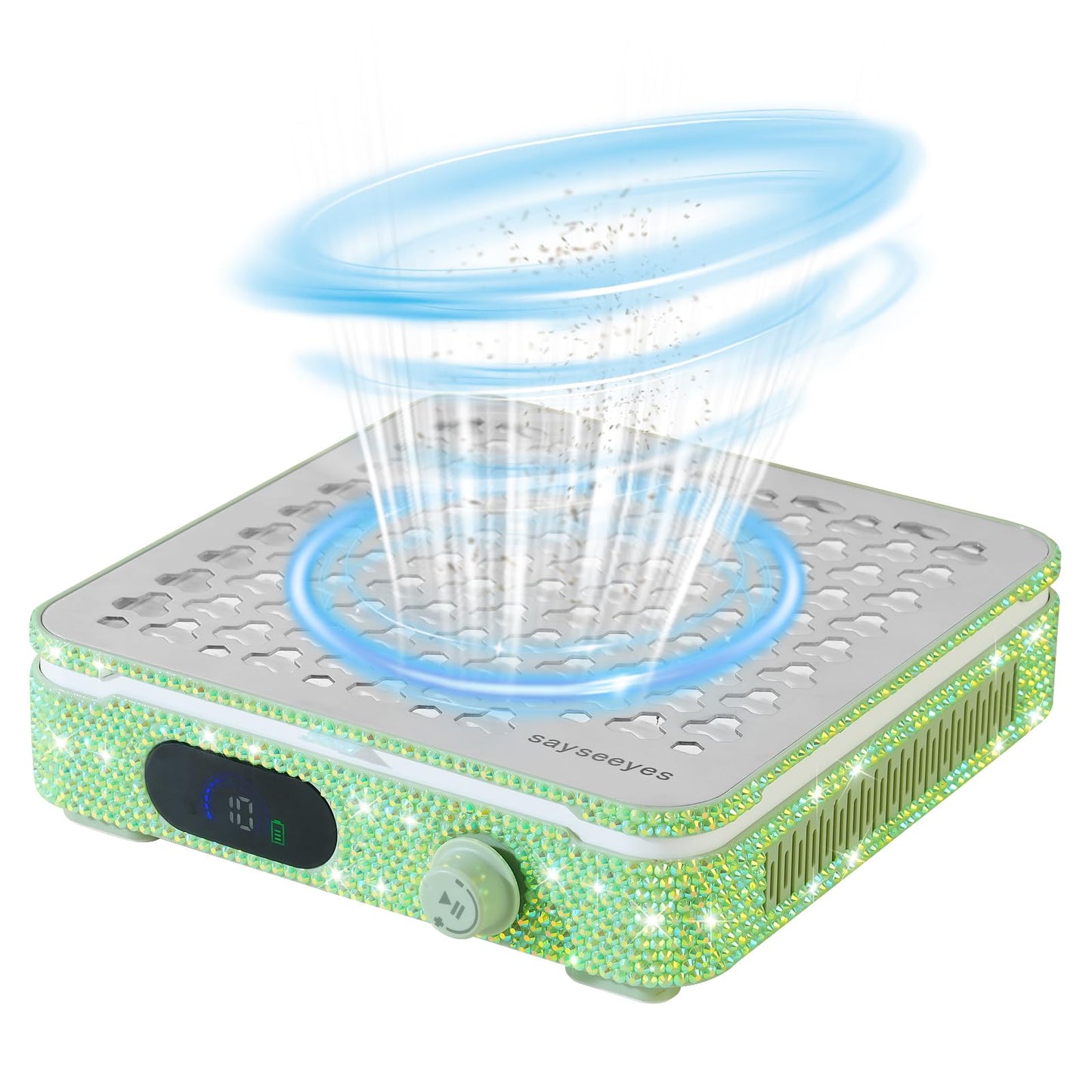 Electric Automatic Nail Dust Collector with Shiny Rhinestones Stickers, Rechargeable Collector with for Nails Polishing, Nail Salon Home (Green)