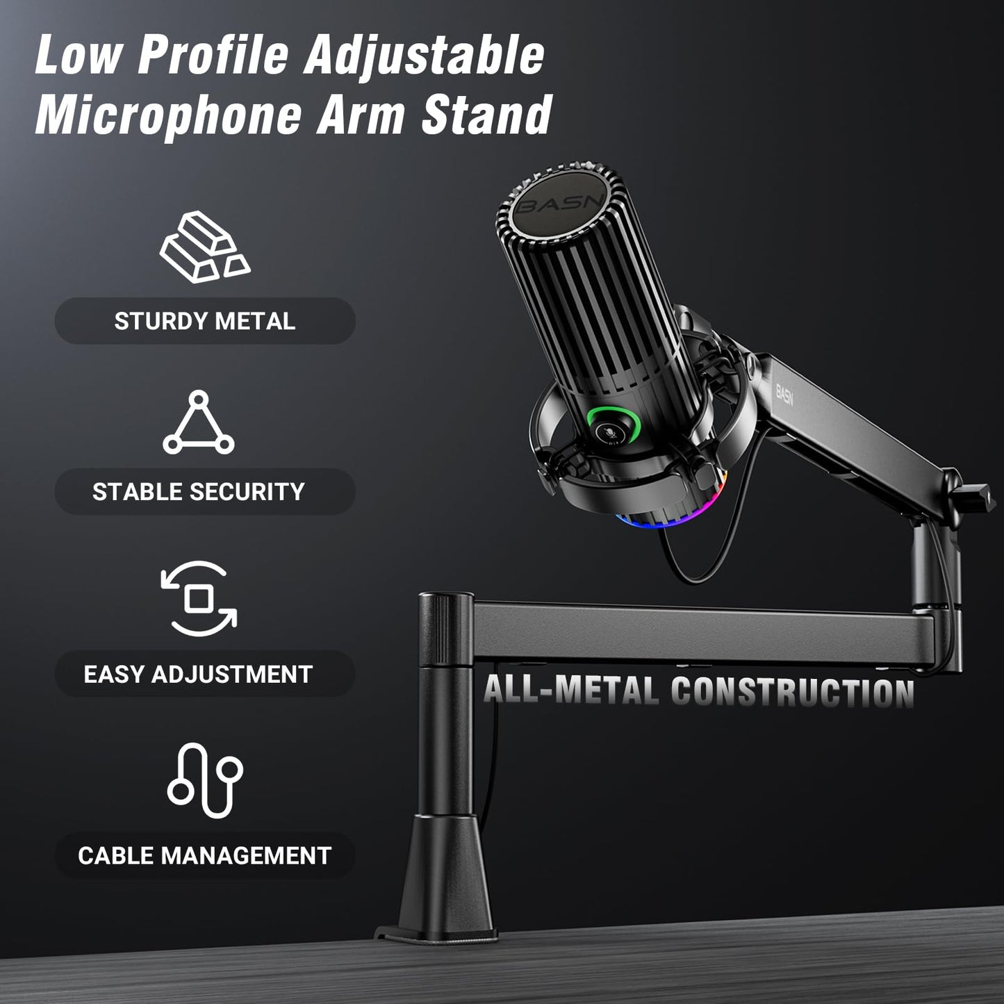 BASN Low Profile Mic Arm, Microphone Boom Arm Stand with Desk Clamp - Rotatable & Storable Design, Cable Management Channel, 3/8" to 5/8" Thread Adapter for Podcast, Gaming, Streaming, Vocal Recording