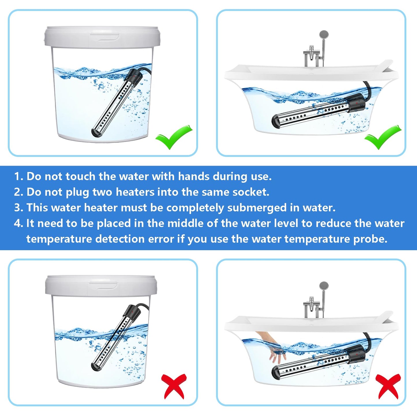 2000W Immersion Water Heater, Portable Electric Heaters with Digital LCD Thermometer, Submersible Heater for Kiddie Inflatable Above Ground Swimming Pool, Bucket Heaters with 304 Stainless Steel