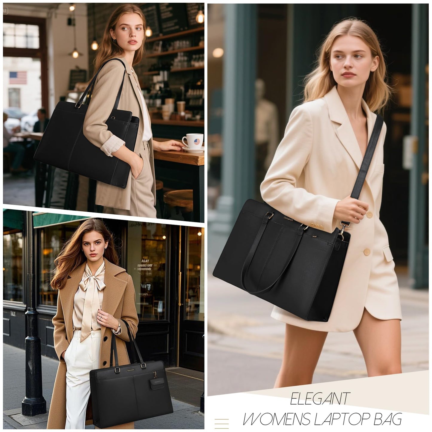 RAINSMORE Laptop Bags for Women 15.6 Inch Work Tote Bags Womens Waterproof PU Leather Shoulder Bag Laptop Briefcase for Office Women Black