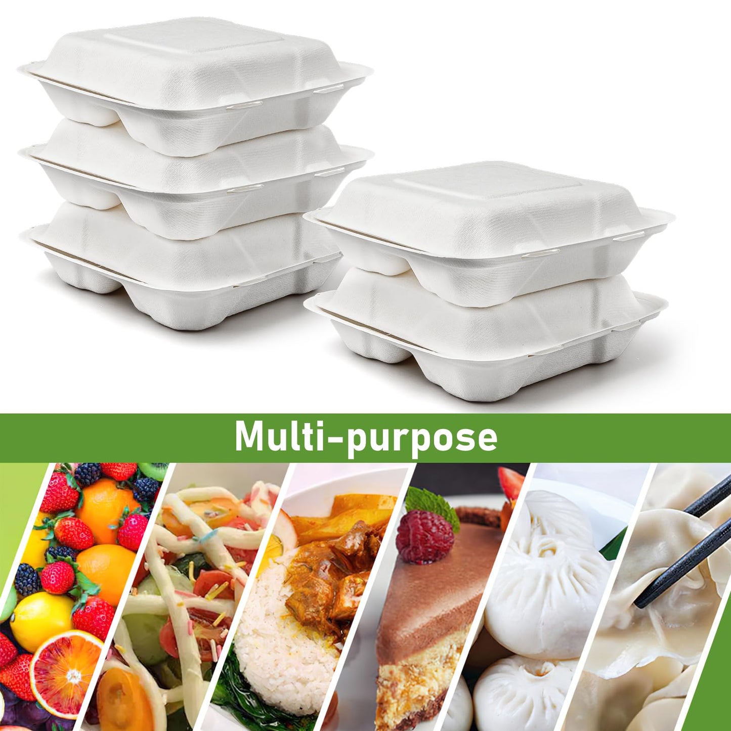 8X8" 3 Compartment 80-Pack Plastic Clamshell Take Out Food Containers, Heavy Duty To-go Disposable Lunch Box For Cake, Sandwich, Salad,Dessert, Restaurant Meal Prep Packaging Catering Hinged Container
