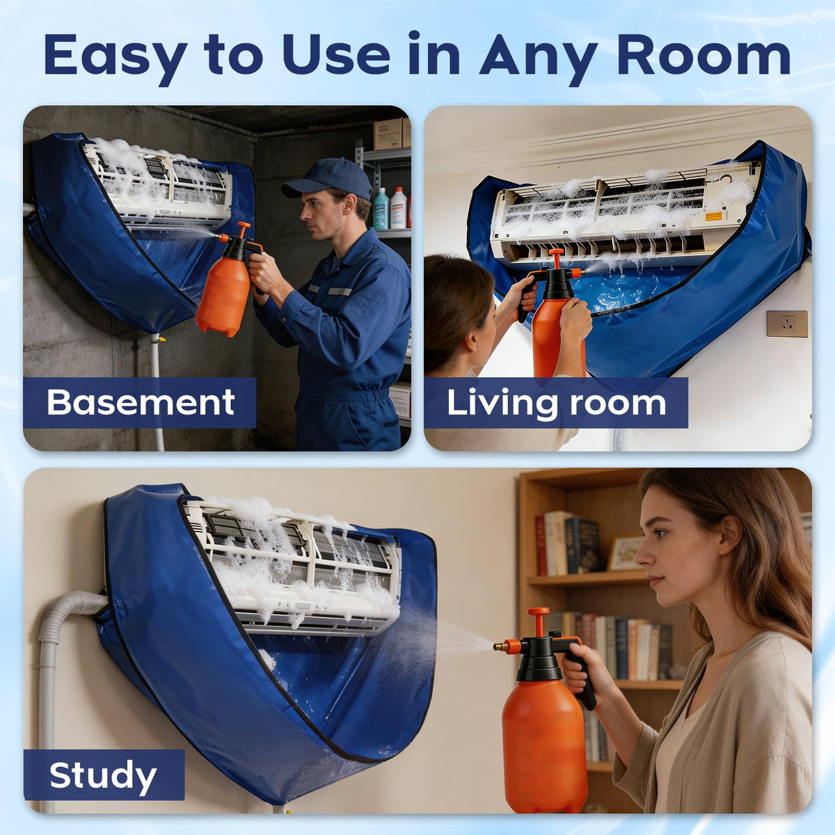 ZSPLIT-MAIR Mini Split Heat Pump Cleaning Kit, Professional Splash Guard AC Cleaning Cover Bag with 2L Pressure Pump Sprayer, Air Conditioner Cleaner Kit for Heat Pumps, Blue L