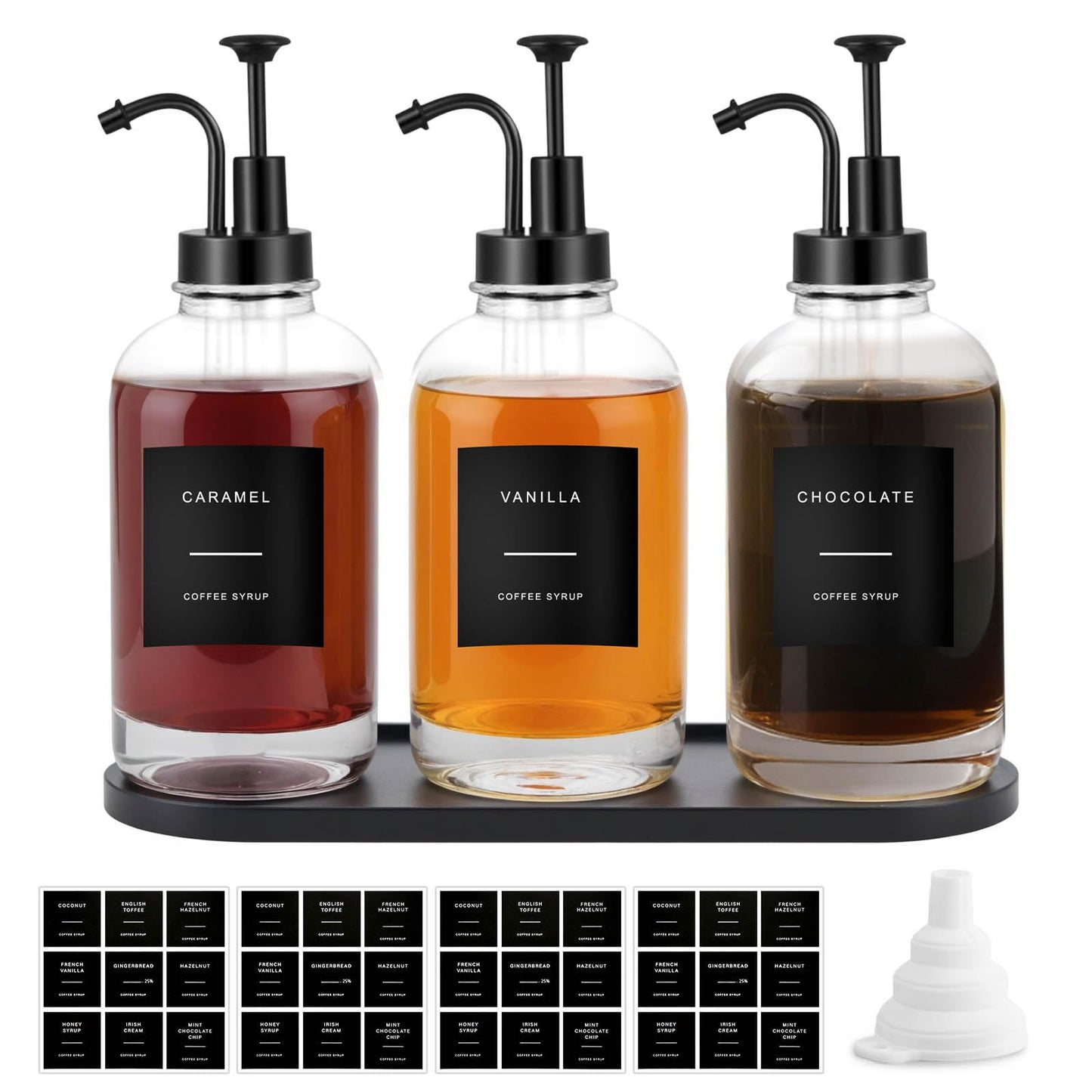 Sunal 3pack Coffee Syrup Dispenser,Black 16.9 oz/500ml Glass Pump Bottles with Tray,Syrup Dispenser with Funnel&36 Labels for Kitchen&Coffee Bar