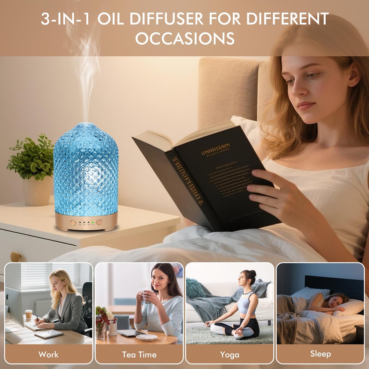 Glass Essential Oil Diffuser 200ml-Ultrasonic Aroma Diffuser with Glass Dome, Aromatherapy Diffuser with 4 Timers 7 Color LED Lights Auto Shut-Off Protection for Home Office Yoga Gift