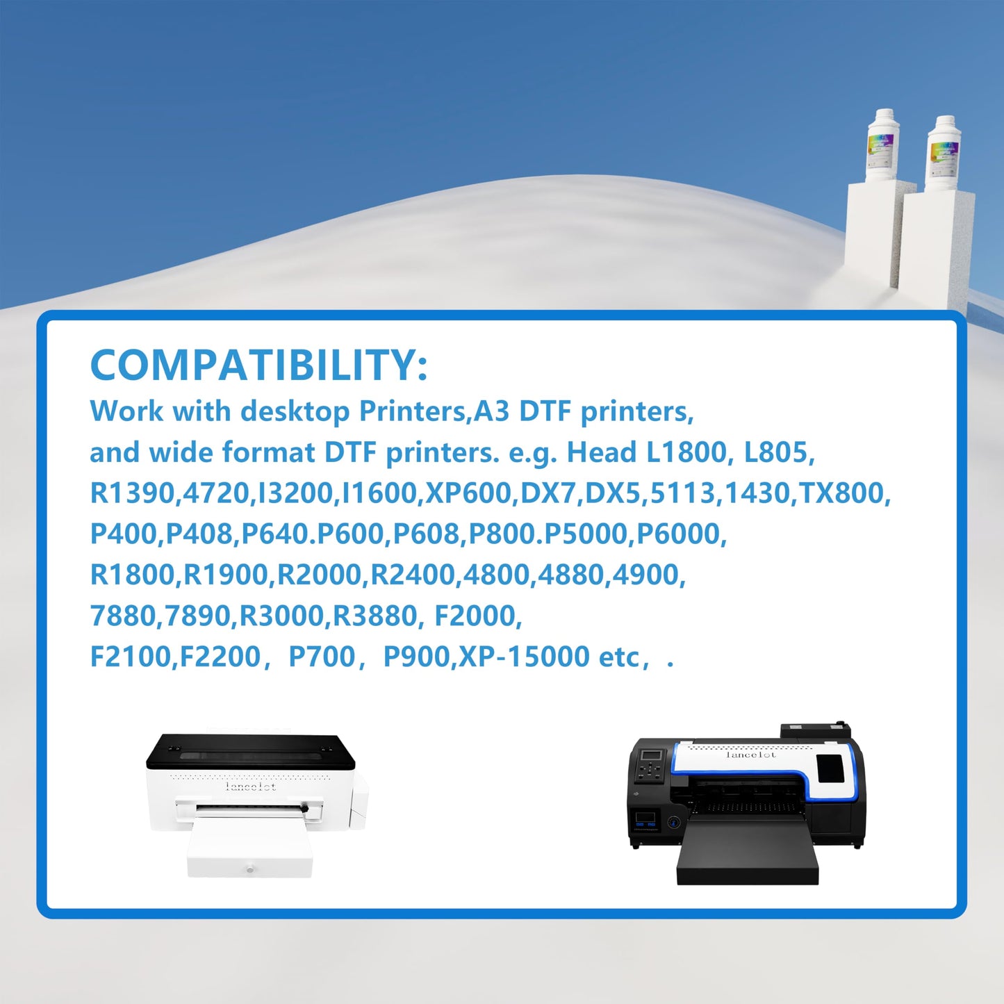 Lancelot Premium DTF Ink 500ML-Vibrant & Durable PET Film Transfer Ink for DTF Printer, Ep Printers Ep ET-8550, XP-15000, L1800, L805, R1390, R2400 for Heat Transfer Printing 500ml(500ml*1,1WH)