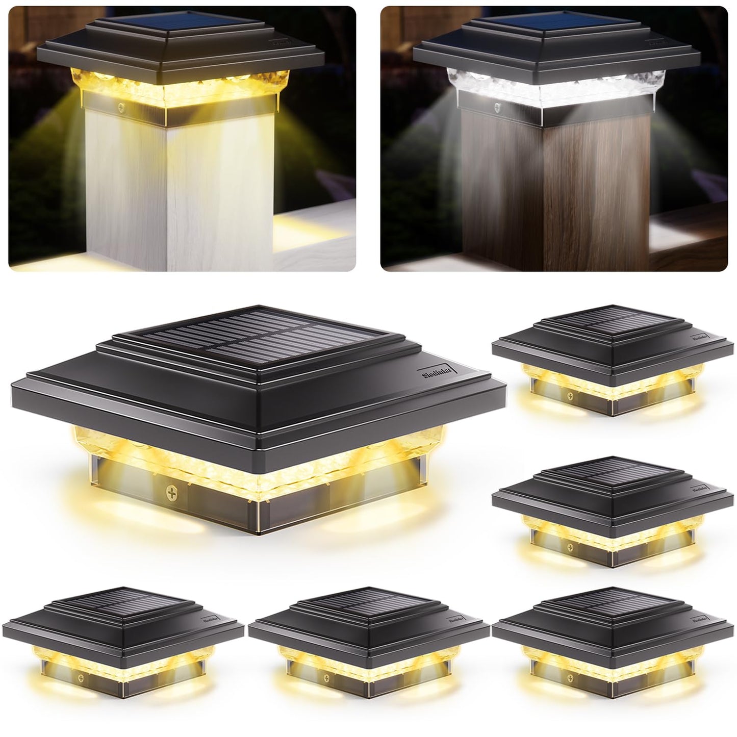 SIEDiNLAR 4x4 Solar Post Lights 50 Lumens 2 Modes, Post Caps Light Waterproof Outdoor for 4x4 Wooden Vinyl Posts, Deck Fence Garden Patio Decoration, Warm/White Lighing (Black, 6 Pack)