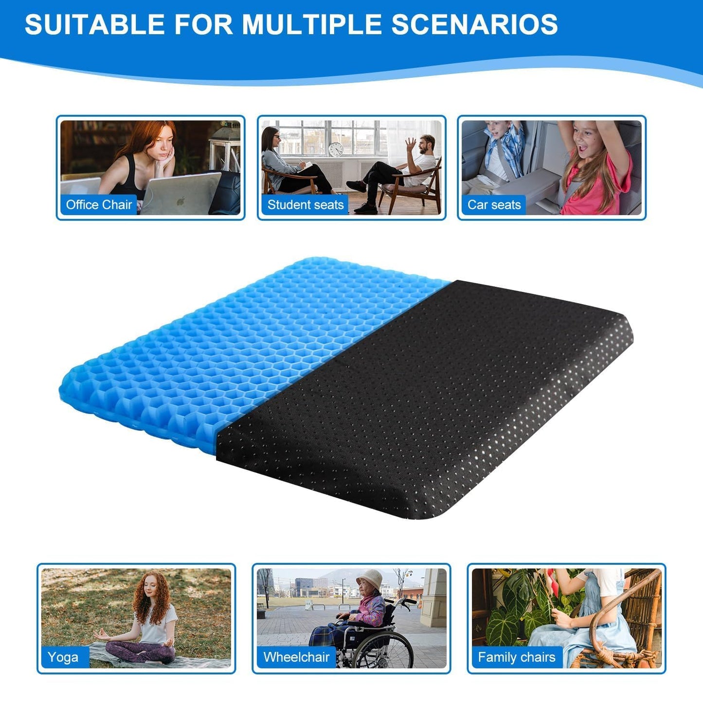 Gel Seat Cushions for Long Sitting with Handle,Seat Pads for Back Sciatica Tailbone Pain Pressure Relief with Non-Slip Cover,Chair Pads for Car Seat Driver,Office Desk,Wheelchair -Blue- 45 x 45cm