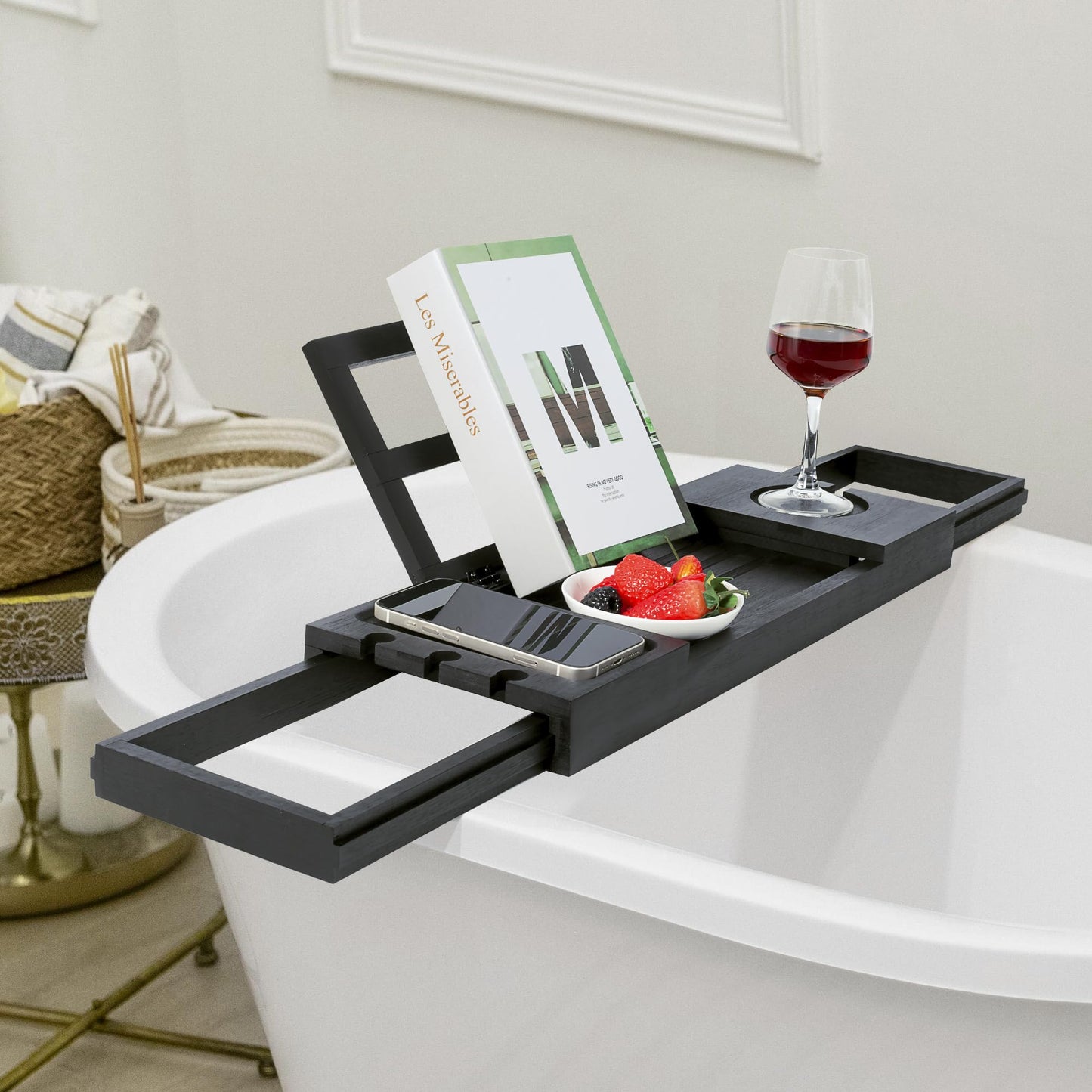 Utoplike Black Bathtub Trays, Bamboo Bath Trays for Bathtub, Expandable Bathtub Caddy Tray, Bath Tub Table Shelf with Adjustable Arms, Bathroom Trays for Books/Tablets/Cell Phone/Towels/Foods
