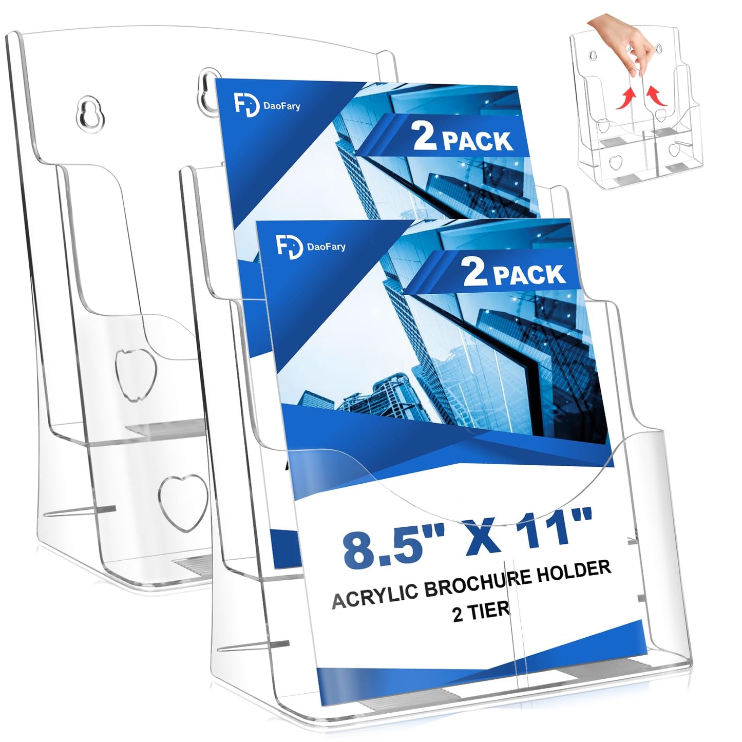 2 Pack Acrylic Brochure Holder 8.5 x 11 in, 2 Tier Brochure Display Stand with Removable Divider for 4 x 9 in Trifold Pamphlets, acrylic flyer holder 8.5 x 11 Stands for Flyer, Pamphlet, Magazine