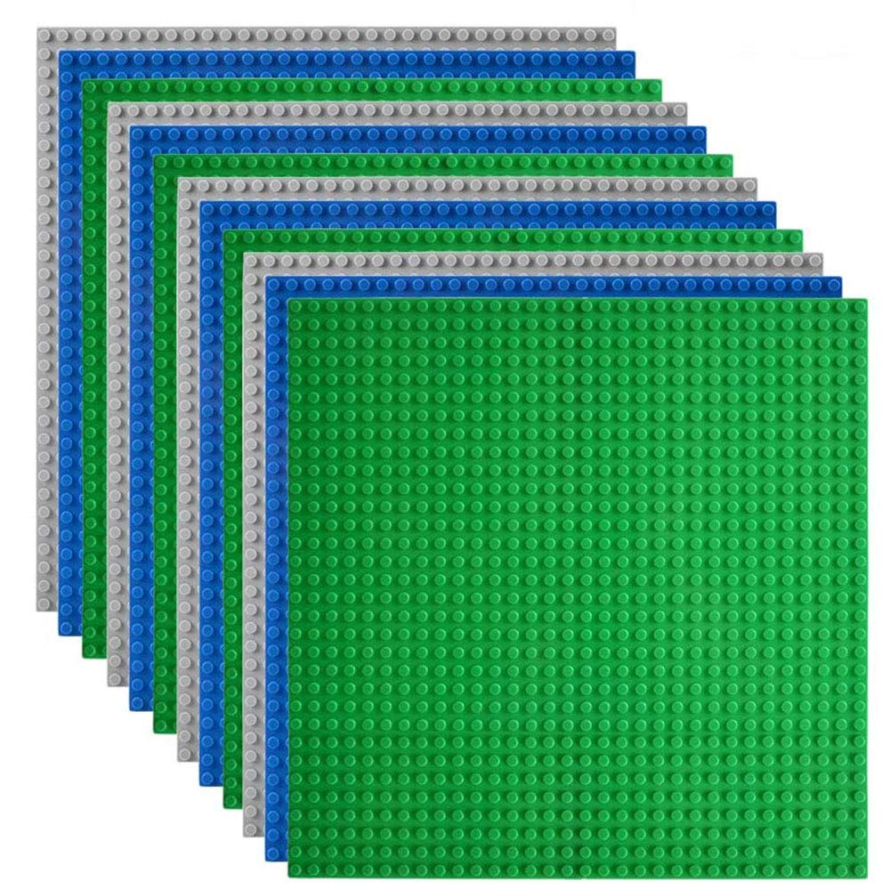 Lekebaby Classic Baseplates 12 Packs, 10" x 10" Building Base Plates for Kids Play Compatible with All Major Brands (Green,Grey and Blue)