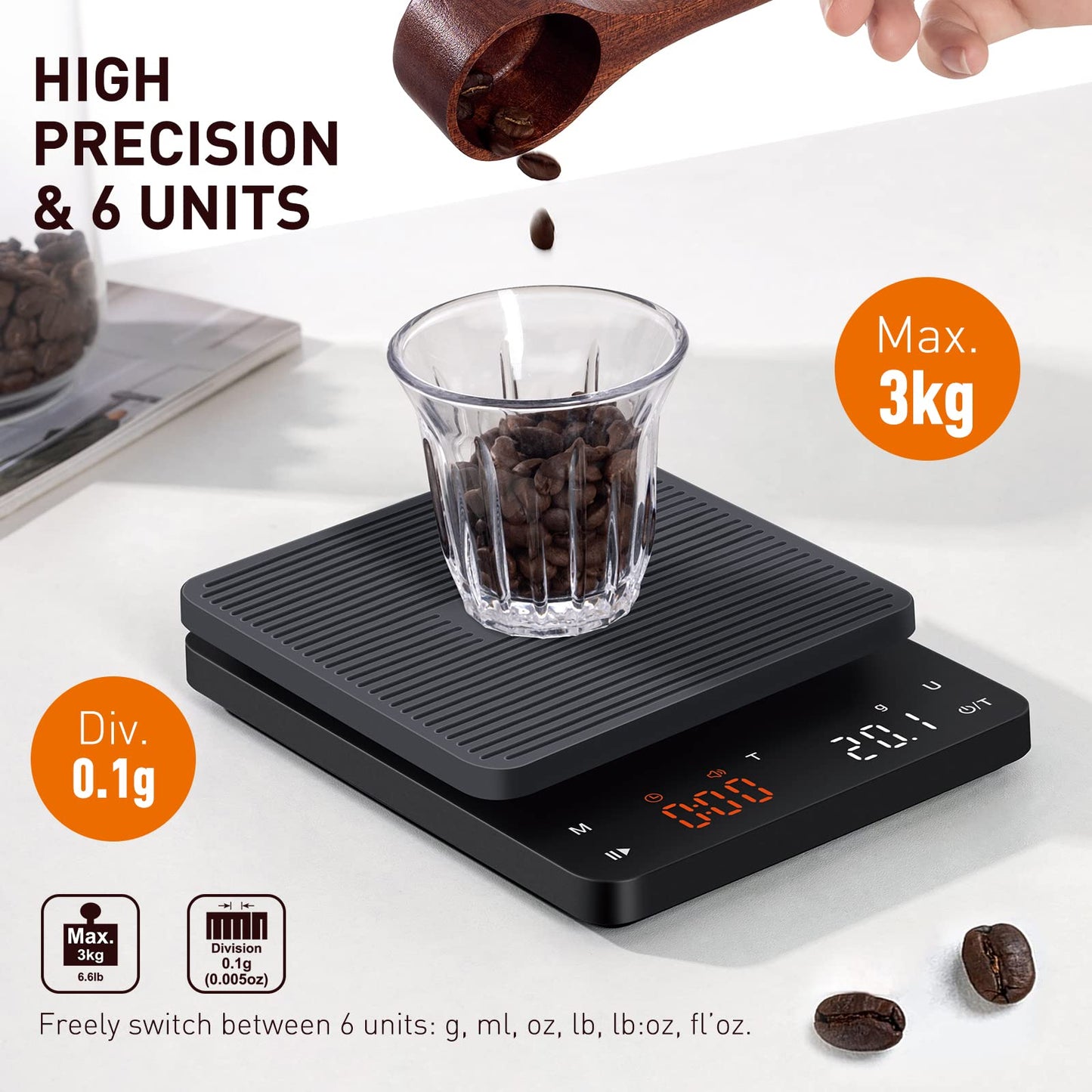 BAGAIL BASICS Kitchen Scale with Timer, 0.1g High Precision Coffee Scale, Drip Espresso Scale with Auto Tare, Touch Sensor and Silicone Cover - 6.6 lbs/3 kg