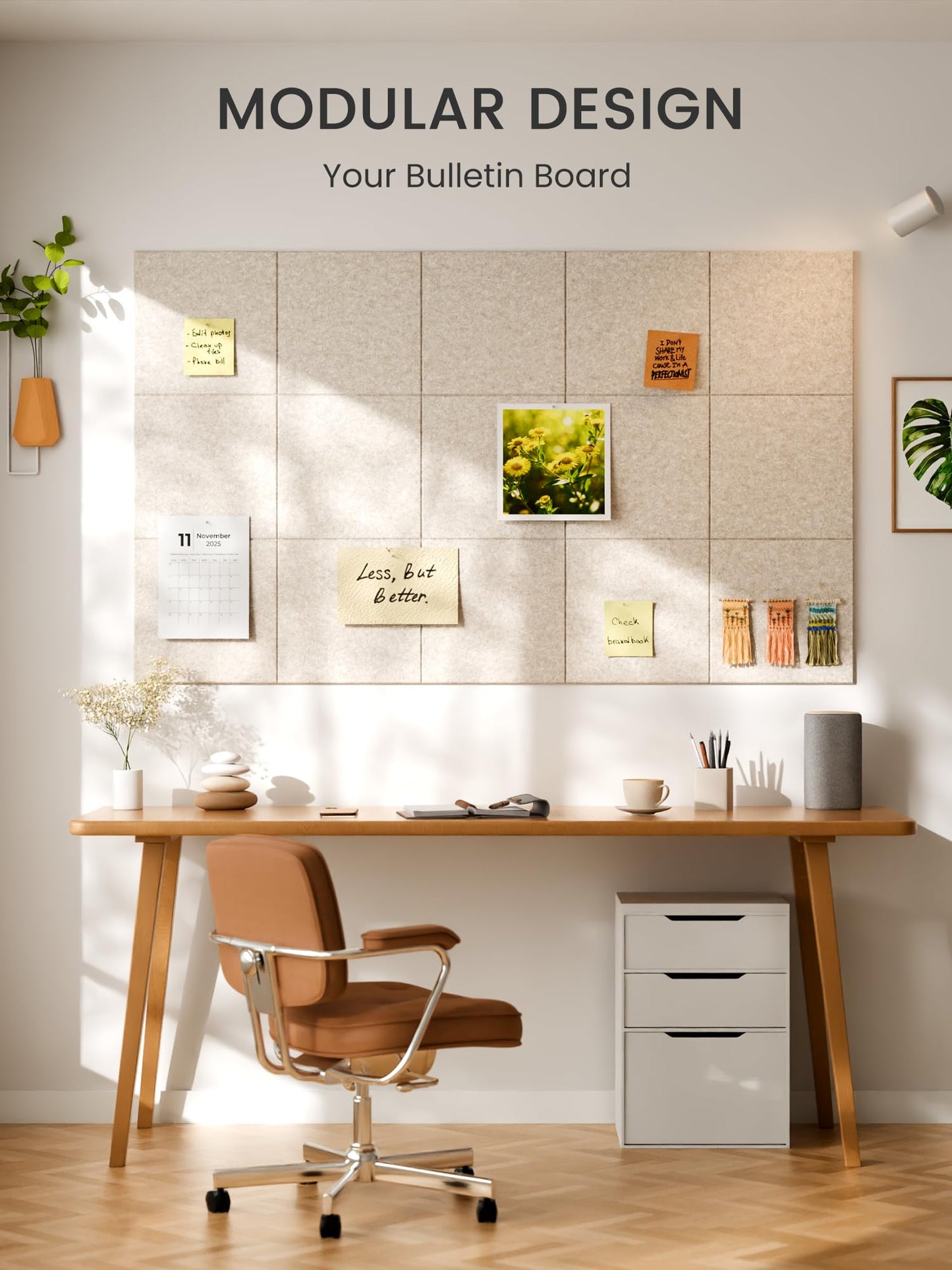 Bumusty Large Felt Bulletin Board, Cork Board Alternative, 6-Pack Solid Felt Wall Tiles with 30 Push Pins and 40 Adhesive Tabs, Ideal for Office, Home & Classroom, Oatmeal