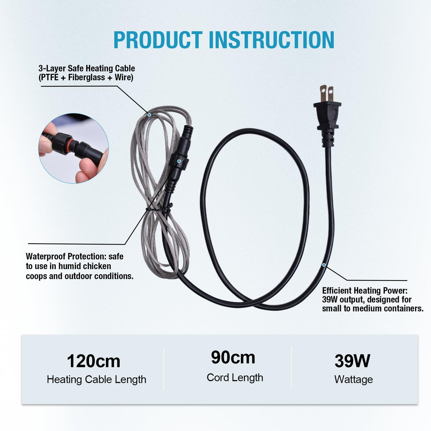 Shaledig Chicken Water Heated Cord 1 Pack, 39W Chickens Water Heater for Winter, Freeze Proof Chicken Waterer Heater with Long Heating Cord 4FT for Poultry Like Chickens Geese Ducks and Small Animals