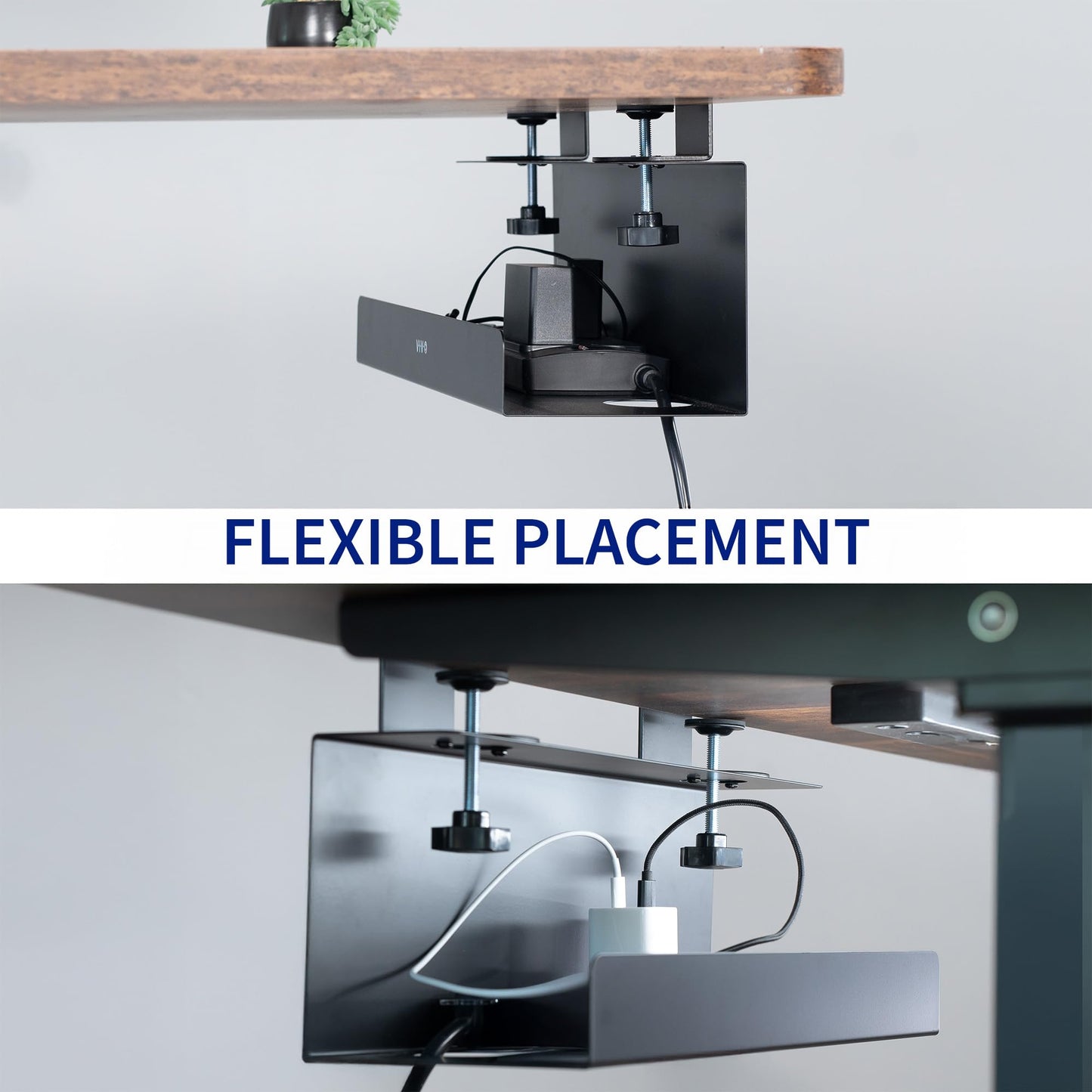 VIVO No Drill Clamp-on 17 inch Power Strip Cable Management Trays, Under Standing Desk Steel Cord Organizer, Black, 2 Pack, DESK-CM6L-2B