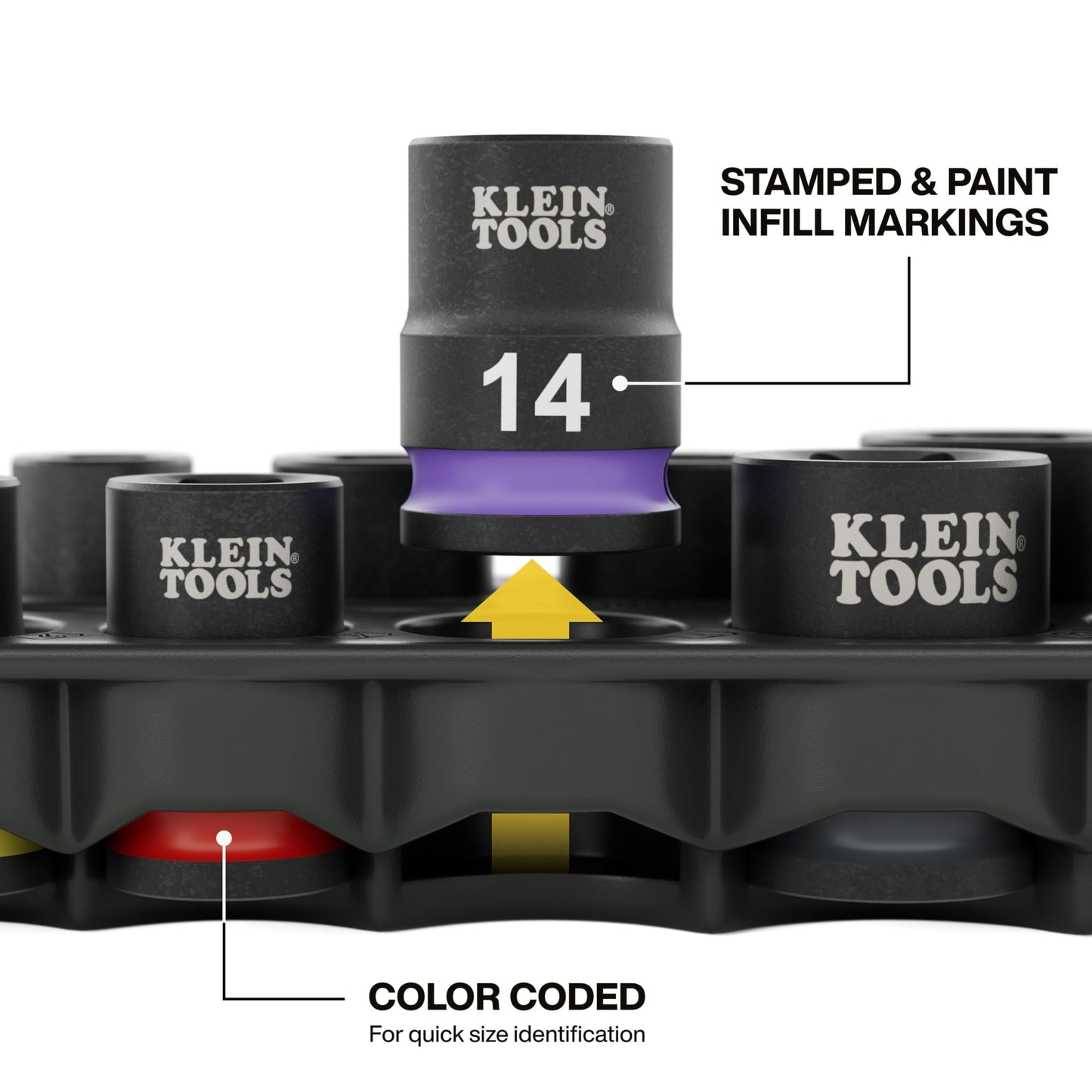 Klein Tools 33809M Grab-and-Go Impact Socket Set, Metric, 10-Piece Set with Sleeve, Carabiner, 3/8-Inch Drive, Color-Coded 8 mm, 10 mm, 12 mm, 13 mm, 14 mm, 15 mm, 17 mm, 18 mm, 19 mm Sockets