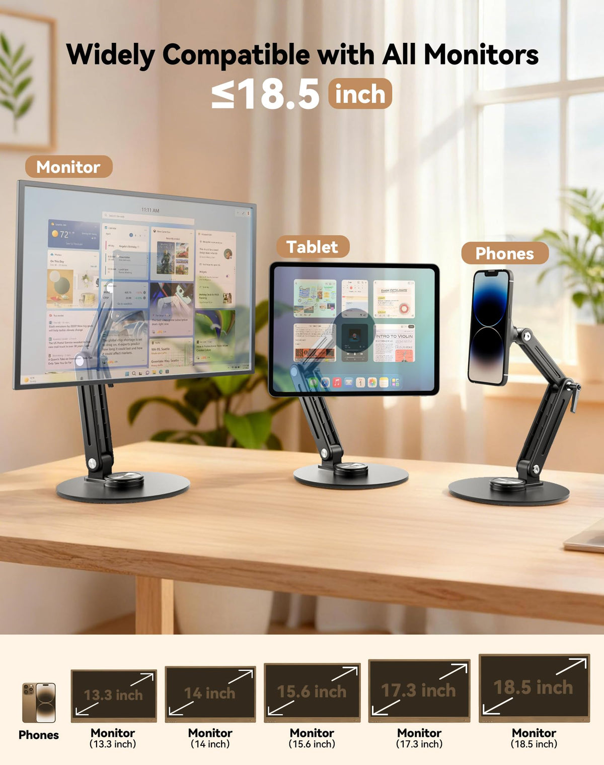 Magnetic Portable Monitor Stand 15.6" - VESA Mount 75mm 13.3" 14.1" 15.6" 17.3" 18.5 inch Screen for Desk Adjustable Foldable 360° Swivel Tool-Free