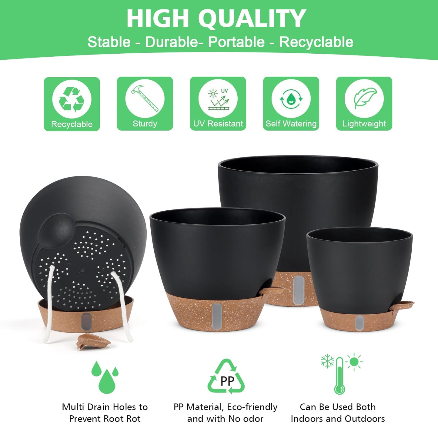 12" 10" 9" 8" Self Watering Pots with Water Level Indicator, Large Plastic Planters Set with Mesh Drainage Hole and Removable Saucer Reservoir, Big Flower Pot for Indoor Outdoor Plants - Black
