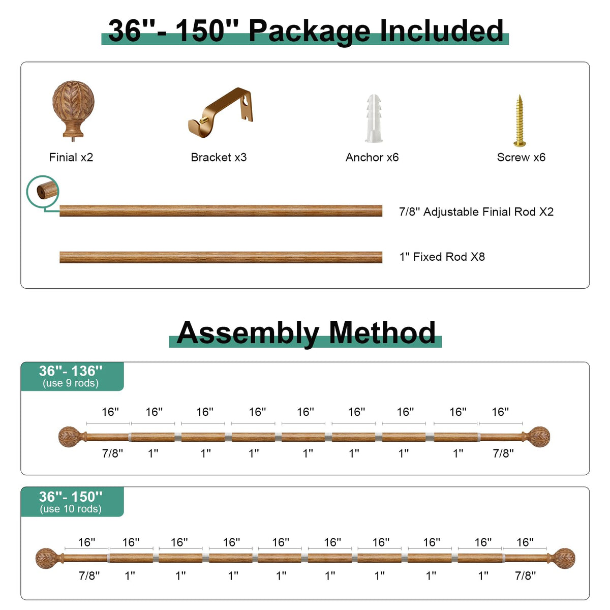 QDWIS Boho Natural Wood Curtain Rods for Windows 72 to 144 inch,1" Adjustable Heavy Duty Window Curtain Rod with Imitation Wood Grain Finials,Rustic Decorative Drapery Rods Set,Size:36-150''