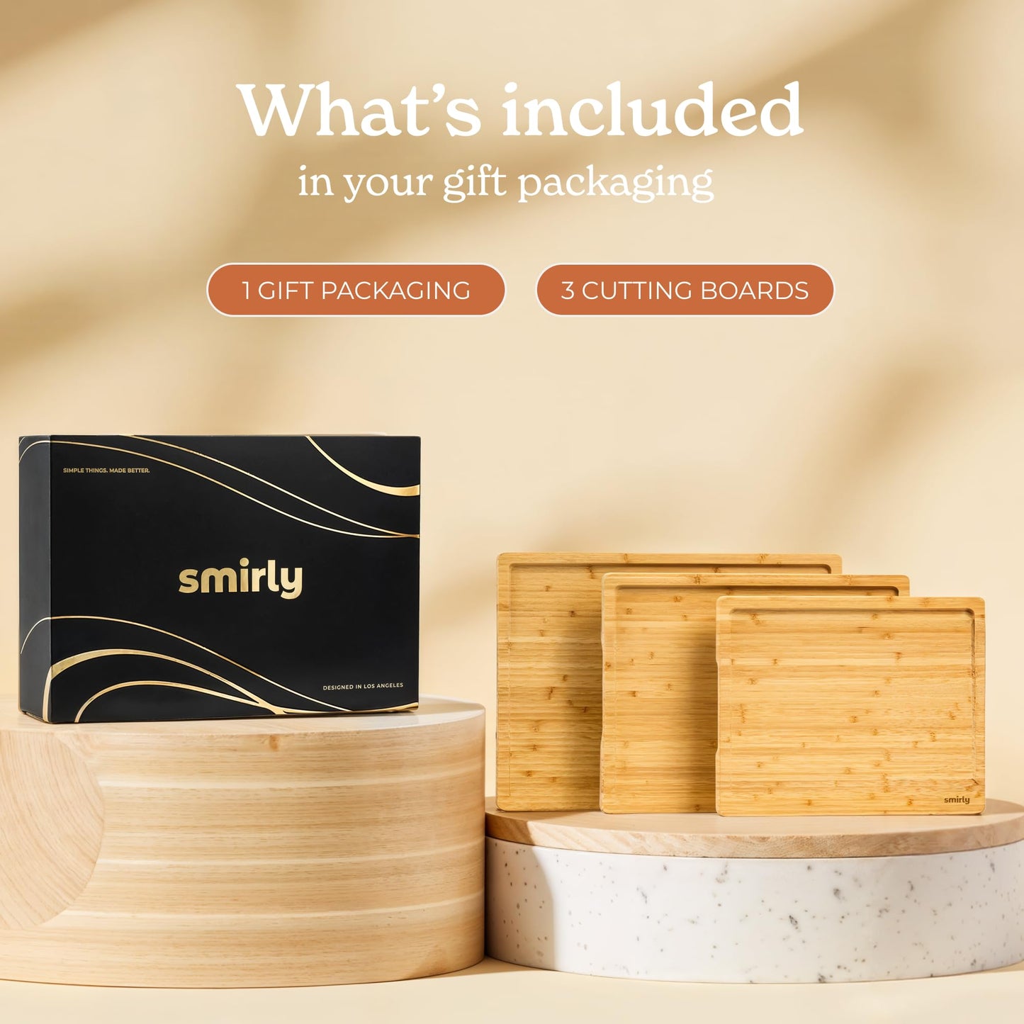 SMIRLY Bamboo Cutting Boards for Kitchen - Wood Cutting Board for Meal Prep, Serving, Charcuterie - Kitchen Gadgets, House Warming Gifts - Wooden Chopping Board Set of 3 - Natural Bamboo
