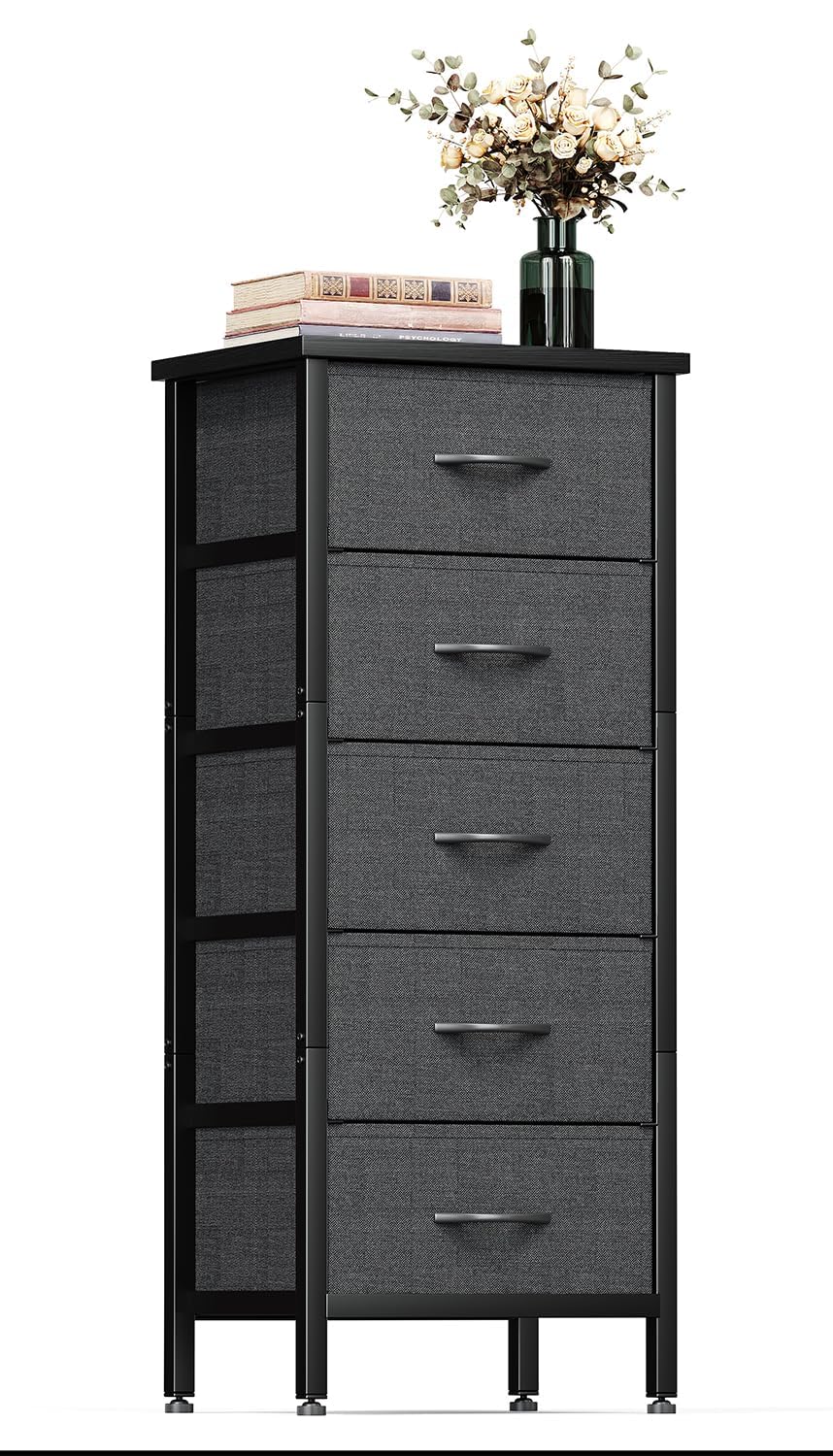 KitMent 5 Drawers Dresser, 47'' Tall Dressers for Bedroom, Storage Cabinete Chest of Drawers, Commode De Chambre for Entryway, Living Room, Bedside, Closet, Fabric Wooden Dresser Bins, Black