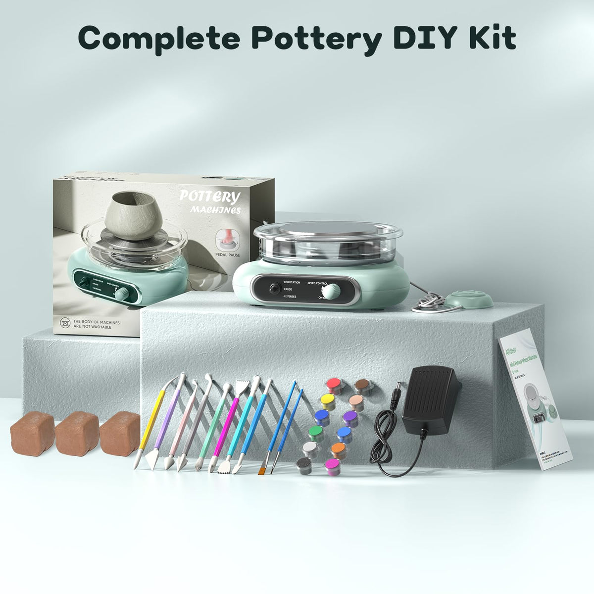 Alldeer Mini Pottery Wheel Kit - 4.7" Electric Clay Wheel with Foot Pedal, Adjustable Speed & Forward/Reverse Rotation Ceramic Wheel, Tiny Clay Spinner for Adults and Beginners (Green)