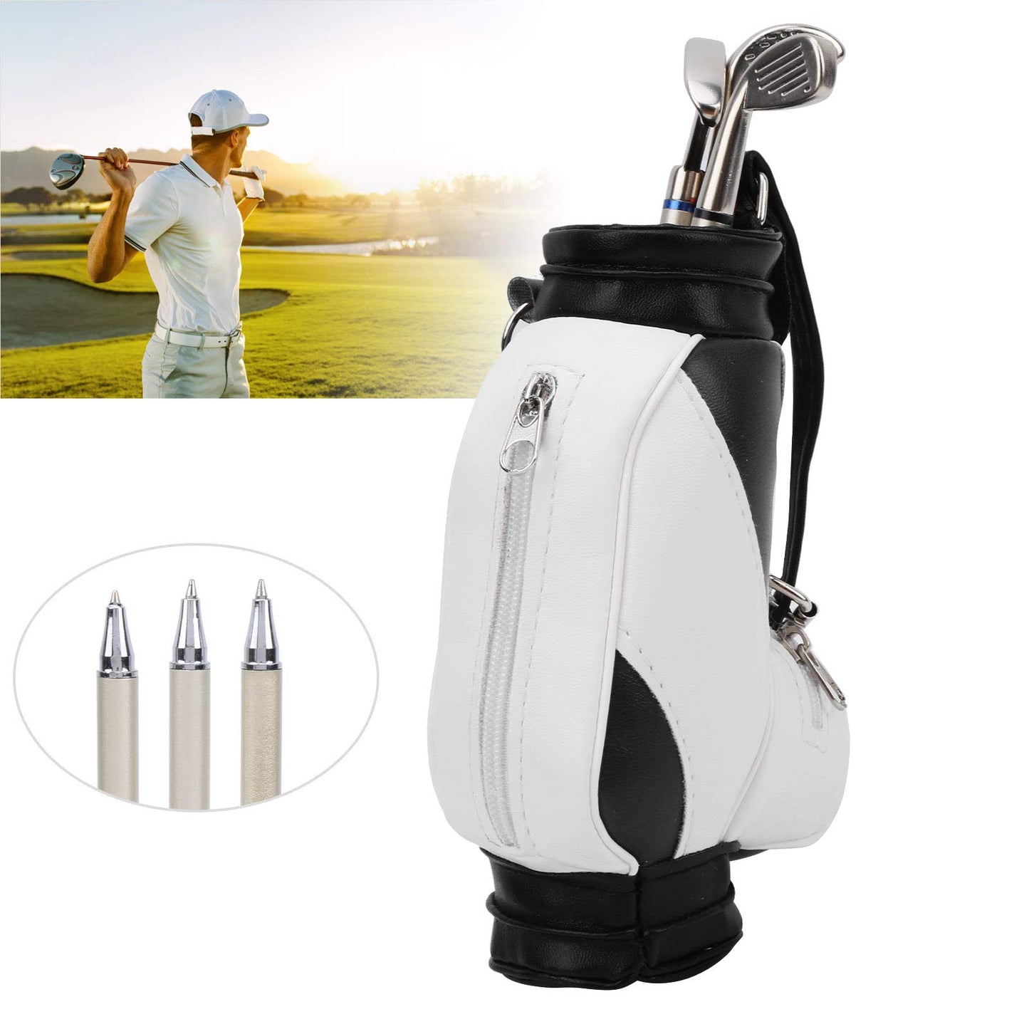 Mini Bag Pen Holder with 3 Club Pens, Novelty Gift Set for Golfer Friends Fans (Black White)