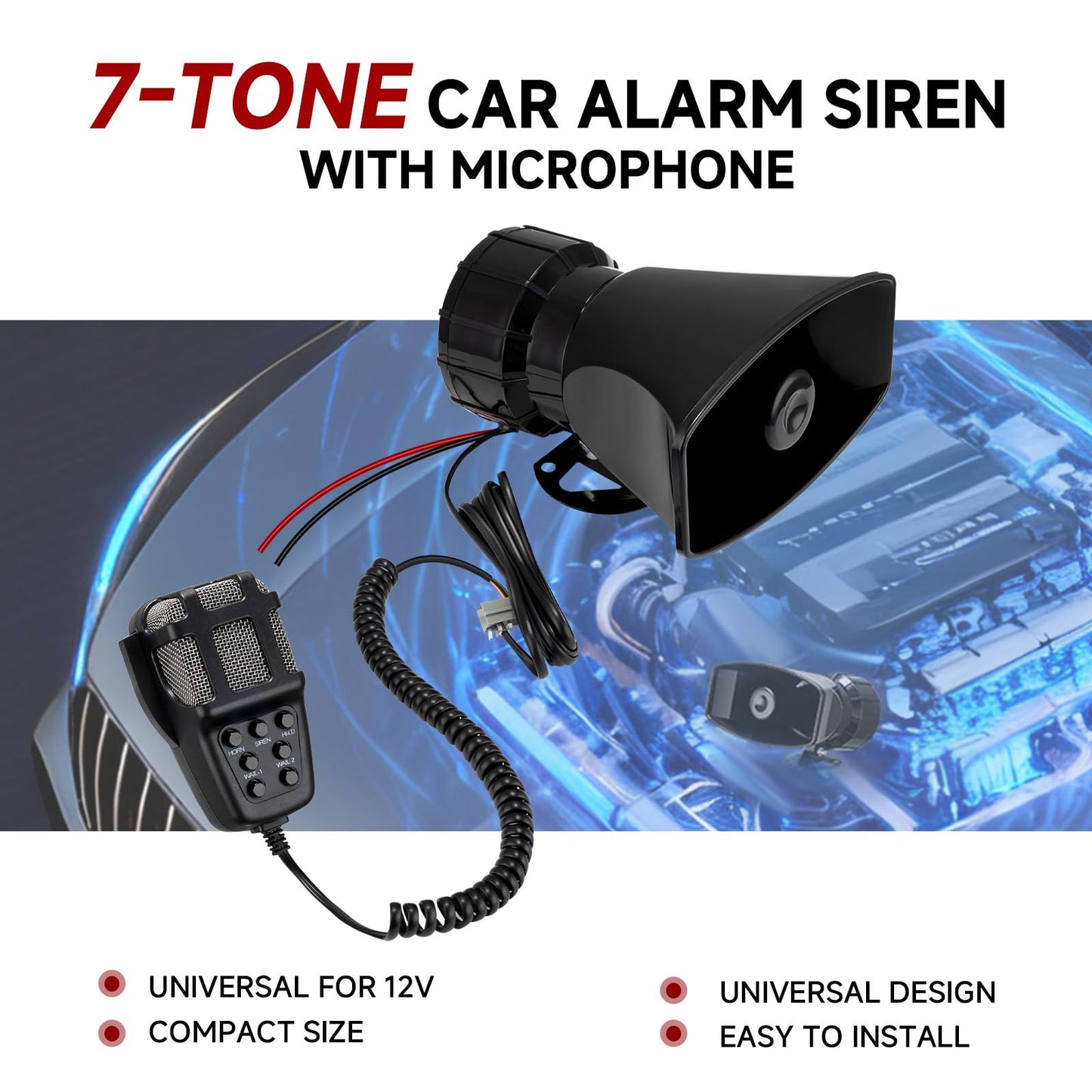 Alarm Horn Siren PA Speaker Mic System,BANHAO 100w 12v 7 Sound Loud Car Alarm Police Horn Police Car Siren Horn Speaker System Emergency Amplifier Alarm Kit Horn for 12V Truck Lorry Boat Car