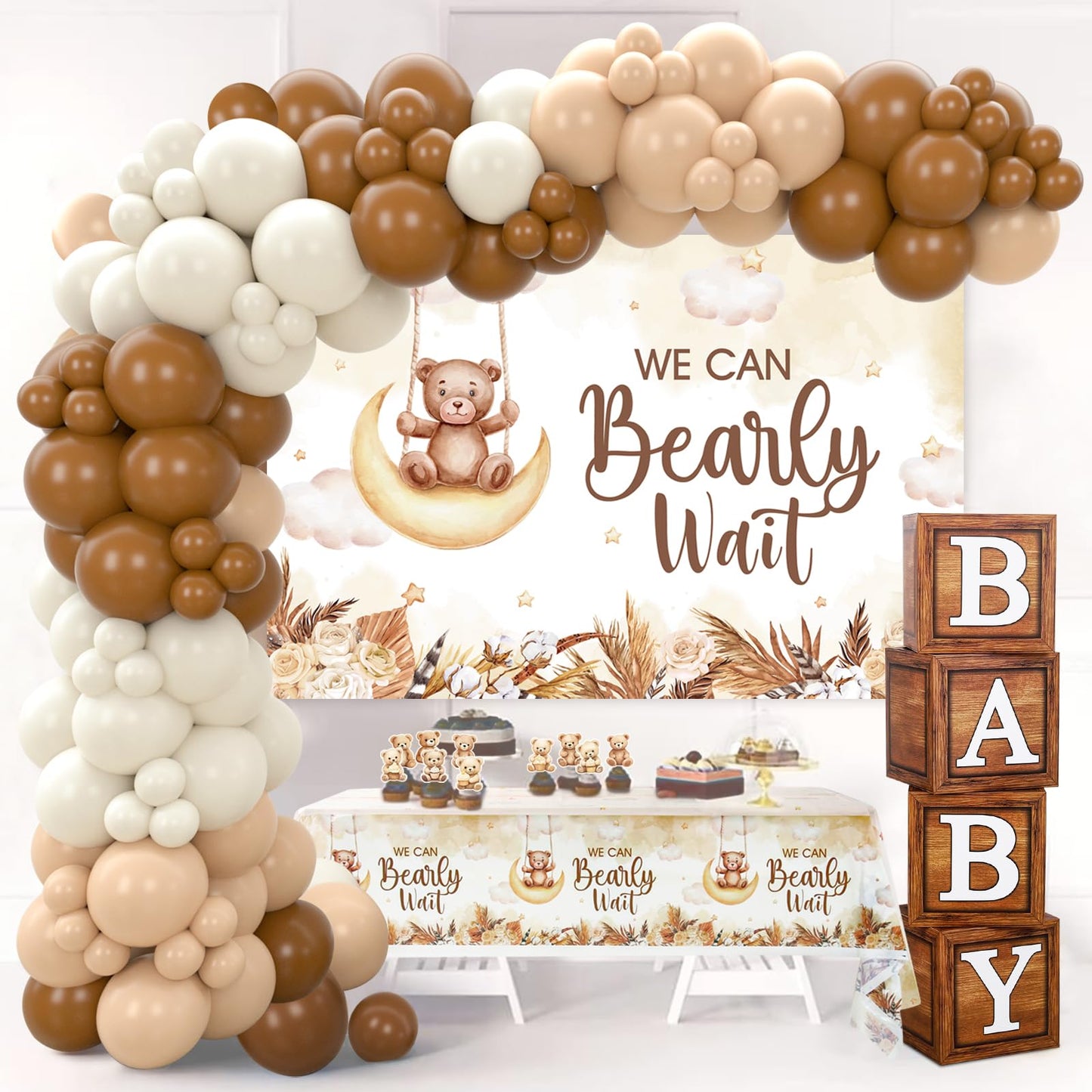 DataMoon Boho Baby Shower Decorations for Neutral Gender Baby,Baby Boxes with Letters,Boho Balloons,We Can Bearly Wait Backdrop,Cake Topper,Tablecloth for Baby Shower,Gender Reveal Party Supplies