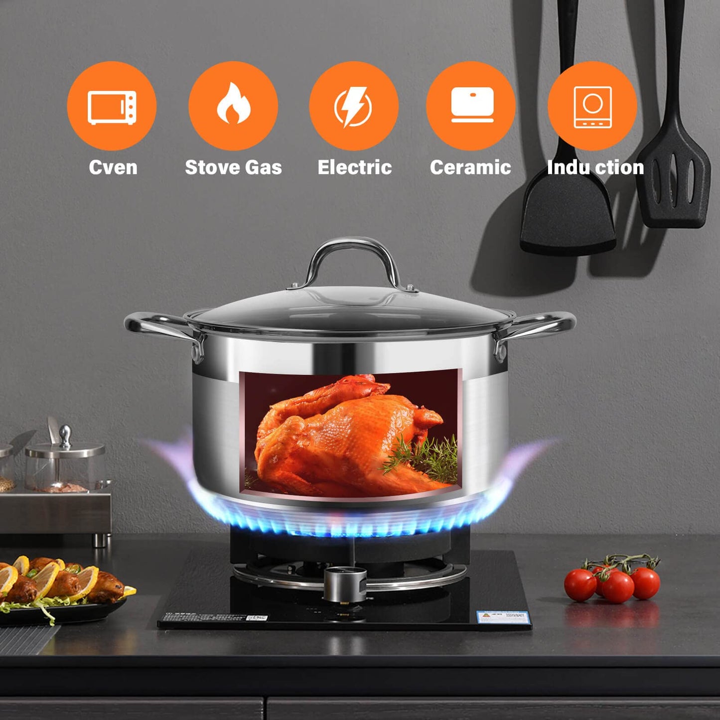 LEUGWAKN 10 Quart Stock Pot with Glass Lid, Premium Food-Grade Stainless Steel Soup Pot, Large Pot for Cooking Stew, Chili & Canning, Induction Compatible Cookware, Dishwasher & Oven Safe