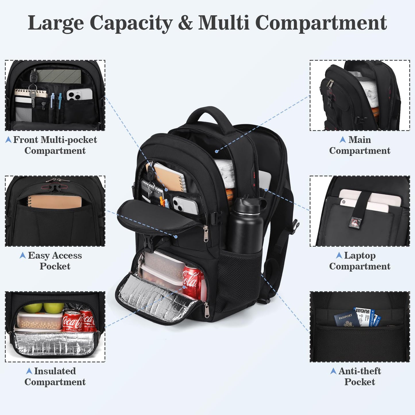 RAINSMORE Lunch Backpack 17.3 Inch Laptop Backpack for Men Women Waterproof Work Backpack with USB Charging Port for School Travel Business Black