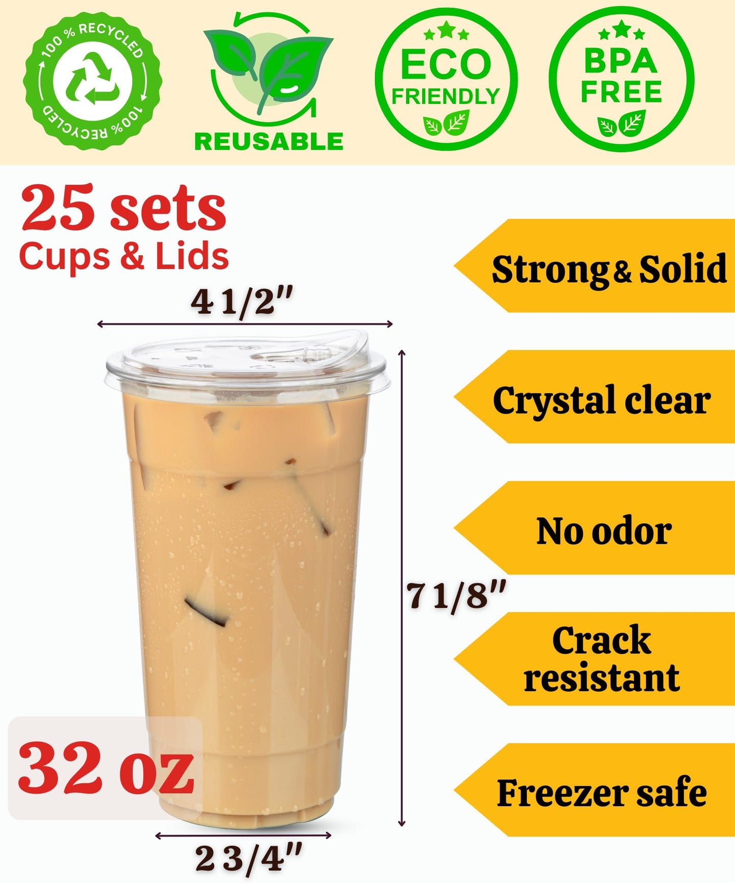 Aestleaf 32 oz Clear Plastic Cups with Lids, 25 Sets Disposable Plastic Iced Coffee Cups with Strawless Sip-Lids, To Go Coffee Cup for Smoothie, Milkshake, Cold Drinks