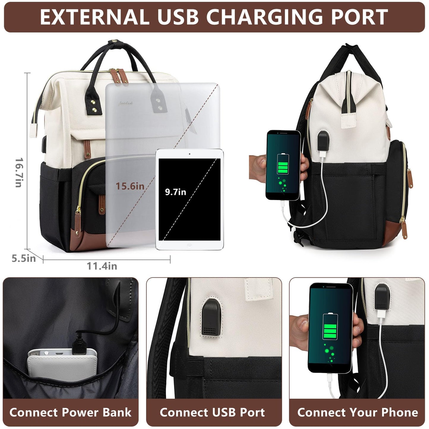 Laptop Backpack for Women Bag: 15.6 inch Work Travel Backpack with USB Charger College Bookbag Business Computer Backpack Anti-theft Casual Backpacks for Nurse Teacher Beige Black Brown
