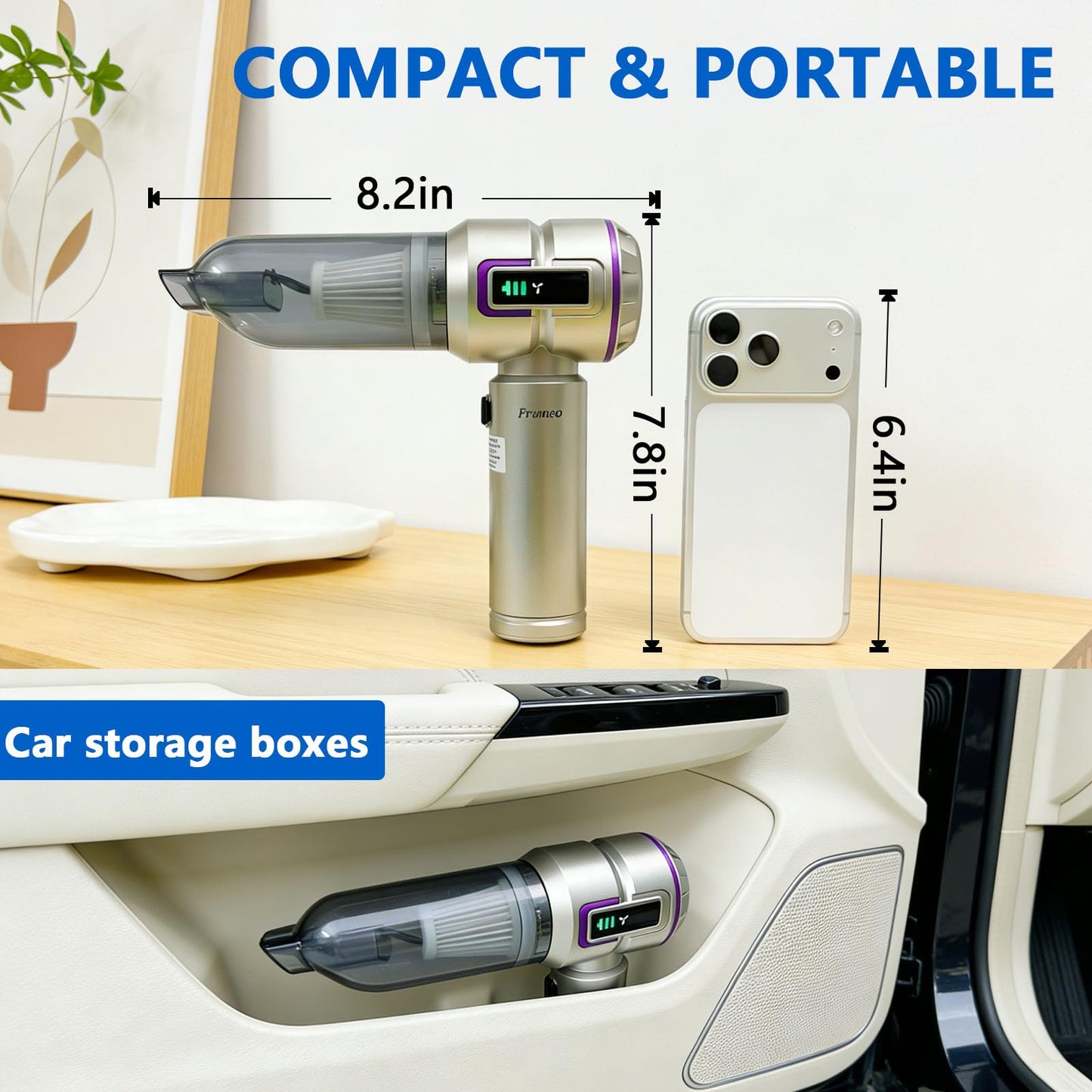 Frumeo 7-in-1 Powerful Car Vacuum Cleaner Cordless, 22000PA Mini Handheld Vacuum with LED Display, 3 Modes, Brushless Motor Portable Duster Blower Pump Hand Vacuum for Car, Home, Office