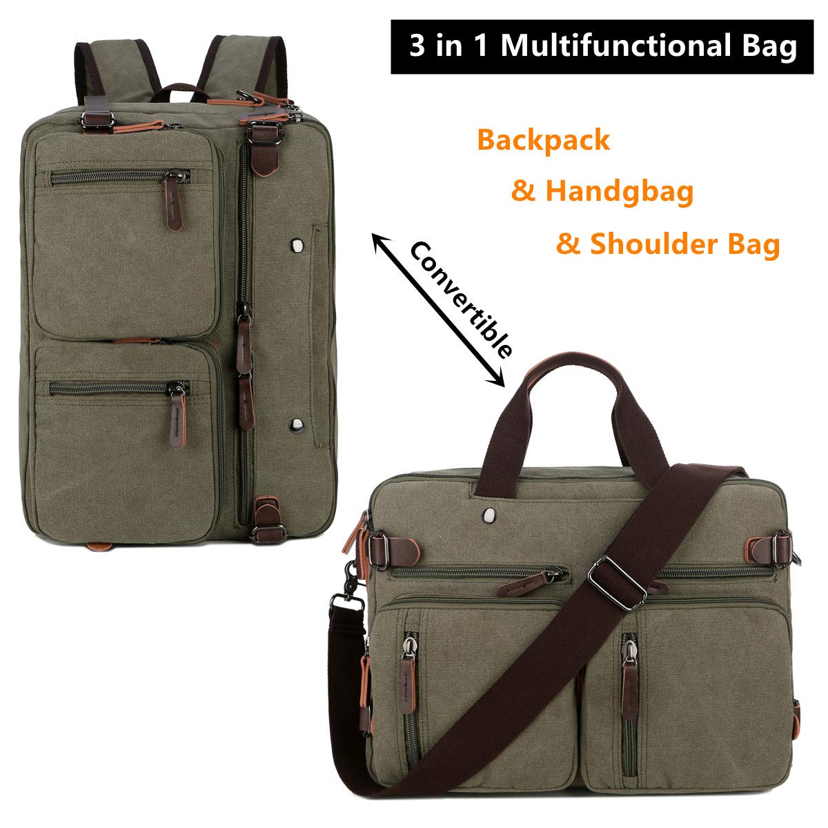 Baosha Convertible Briefcase Backpack 17 Inch Laptop Bag Case Business Briefcase HB-22, Amy Green, Large, Classic
