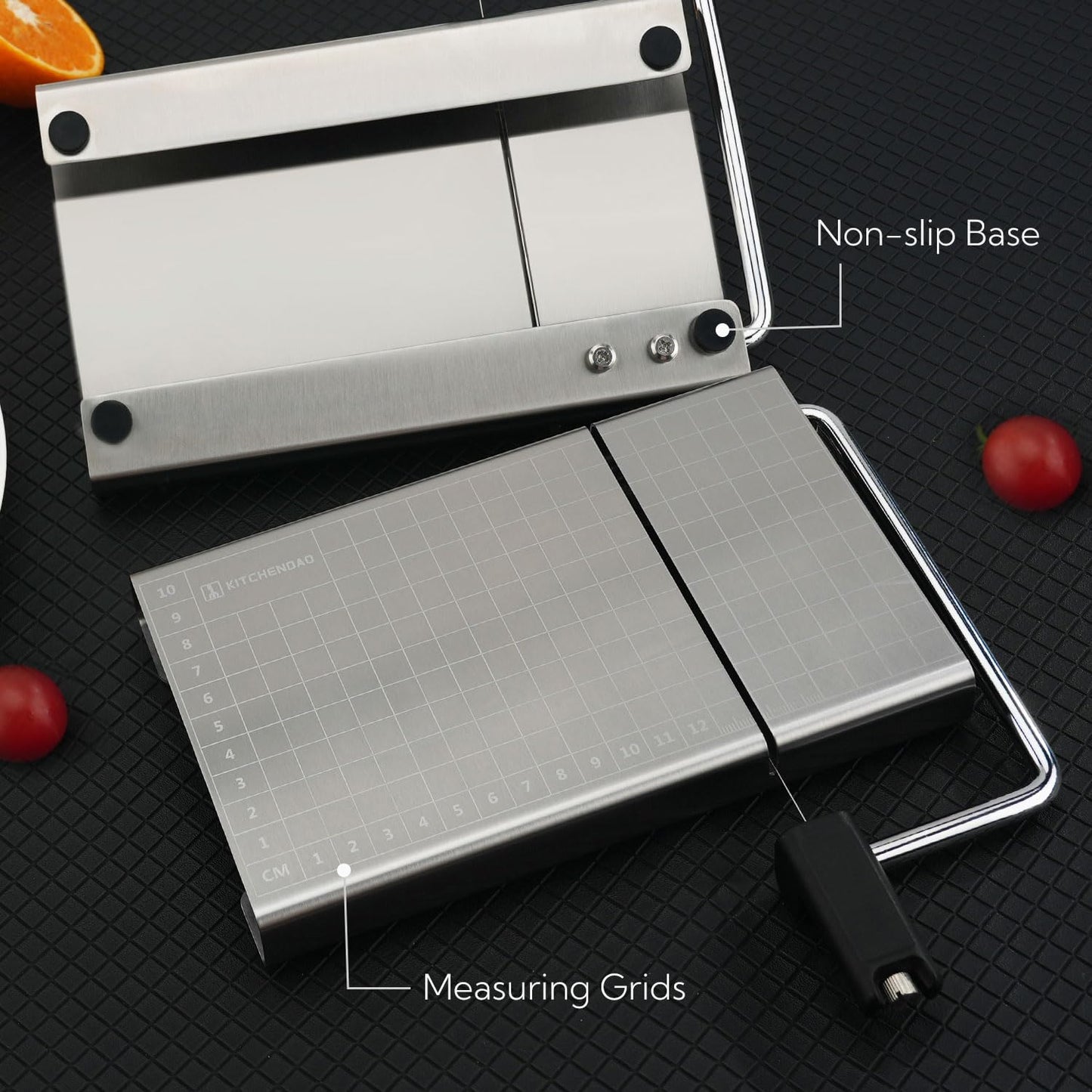 KITCHENDAO Replaceable Wire Cheese Slicer with Board and Measuring Grids,Tightness Adjustable Stainless Steel Metal Cheese Cutter for Block Cheese, Dishwasher Safe, with 2 Extra Wires