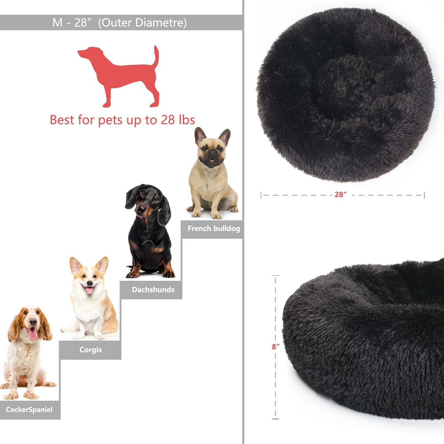 Black Dog Beds for Medium Dogs Washable Calming Bed for Dogs 28 Inches Black Calm and Anti Anxiety Faux Fur Round Medium Sized Pet Bed