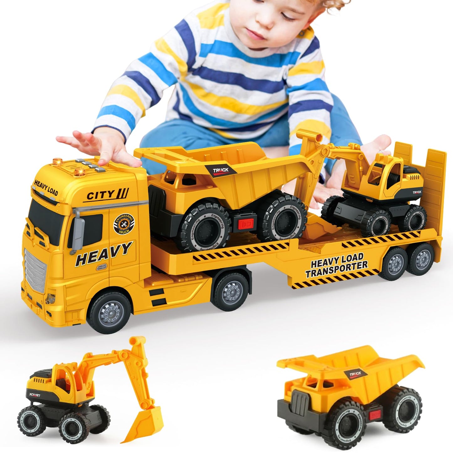 Yiwsnust Large Flatbed Semi Truck Toy for Kids, 25.6'' Construction Carrier Semi Truck with Excavator and Dump Trucks, Friction Powered Construction Transport Truck Kids Toy with Light & Sound