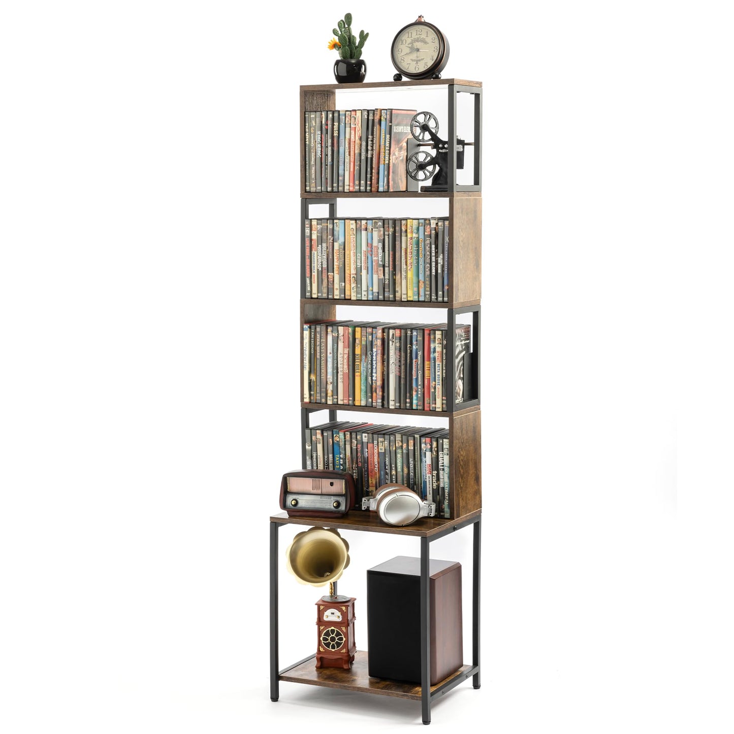 Aquzee CD Storage Rack, Wooden DVD Tower, CD Holder with Adjustable CDs Dividers, Media Storage Shelf for CDs/DVDs, Books, Video Games, Suitable for Living Room, Bedroom, Home Office