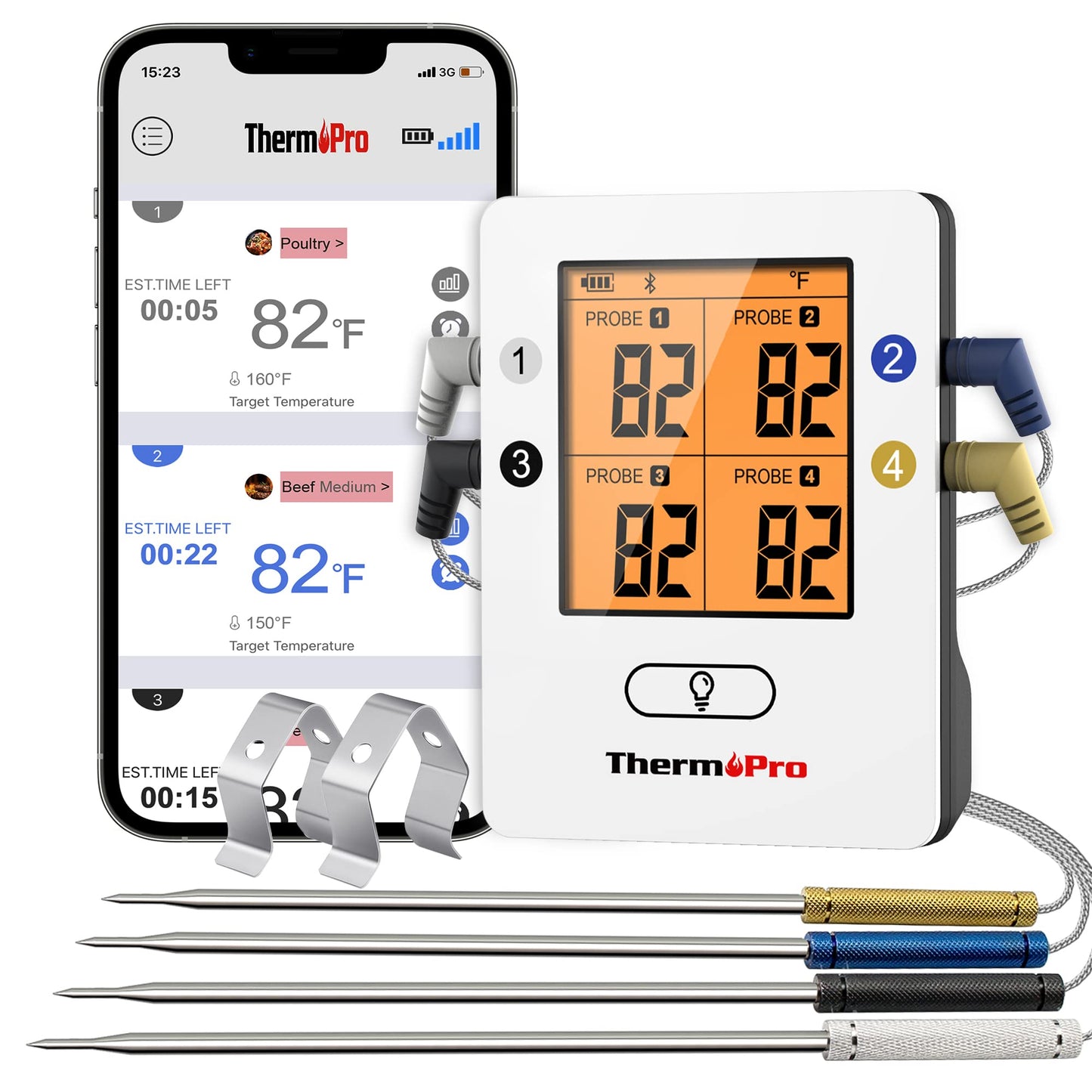 ThermoPro TP25 650 ft Bluetooth Meat Thermometer with 4 Probes, Smart Rechargeable Wireless Meat Thermometer for Grilling, Smoker, Oven, Kitchen, BBQ Thermometer with Alarm, Temperature Graph