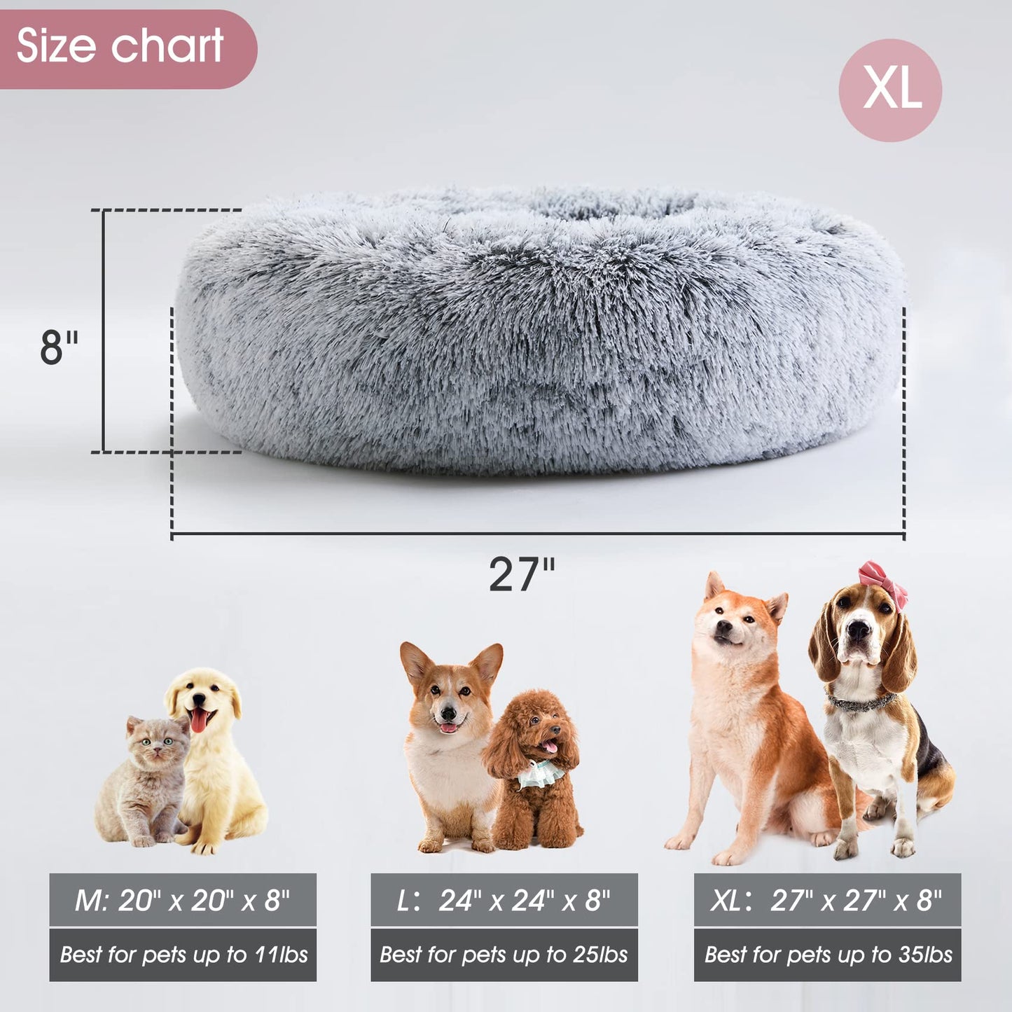 Calming Dog Bed & Cat Bed, Anti-Anxiety Donut Dog Cuddler Bed, Warming Cozy Soft Dog Round Bed, Fluffy Faux Fur Plush Dog Cat Cushion Bed for Small Medium Dogs and Cats (20"/24"/27"/30")
