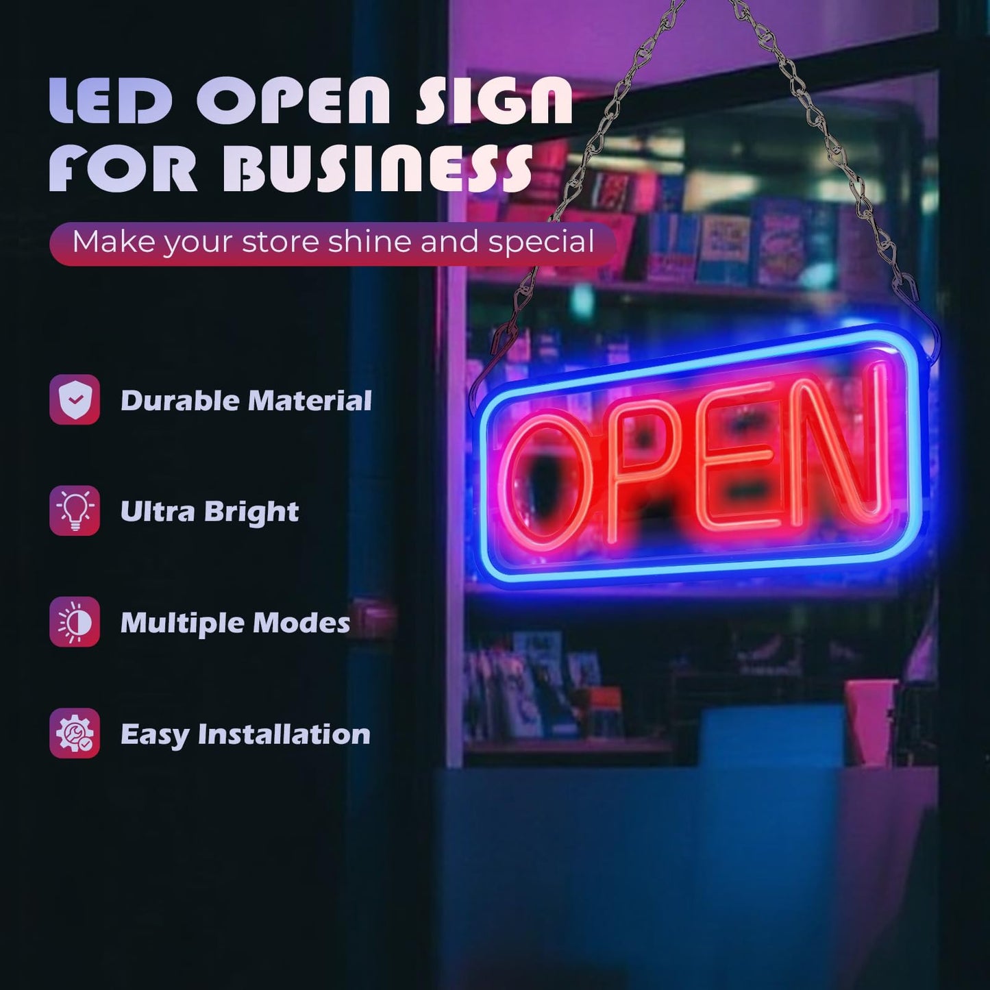 SUNLUMI Open Signs for business, 16" x 9" Ultra Bright LED Open Sign, 10 Flashing Modes and 10 Adjustable Brightness Levels, Neon Open Sign with Remote and 12V Power Adaptor for Bar, Store, Salon