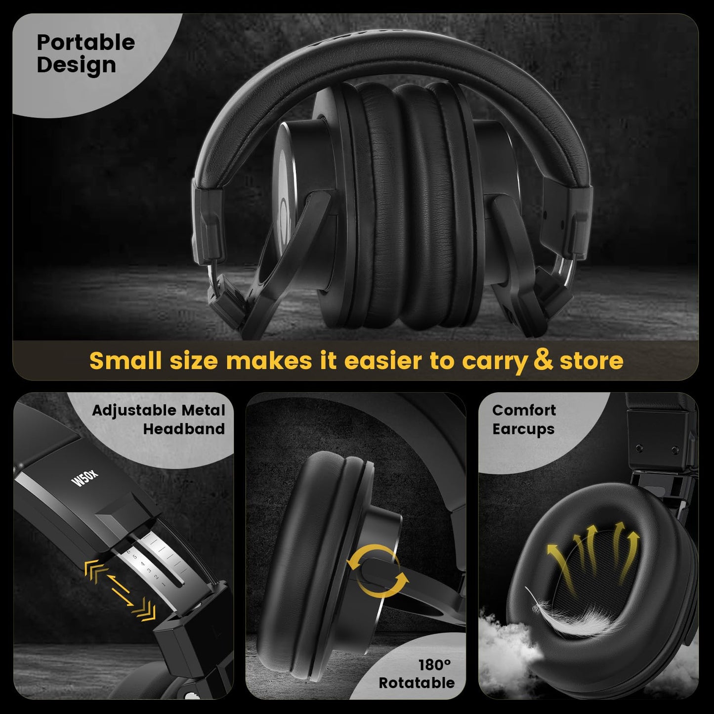 talomen W50X Wired Over-Ear Studio Headphones, Podcast Closed Back Headsets with 50mm Neodymium Drivers, 3.5mm/6.35mm Jack for Monitoring AMP Computer Recording Mixing DJ Guitar Keyboard, Black