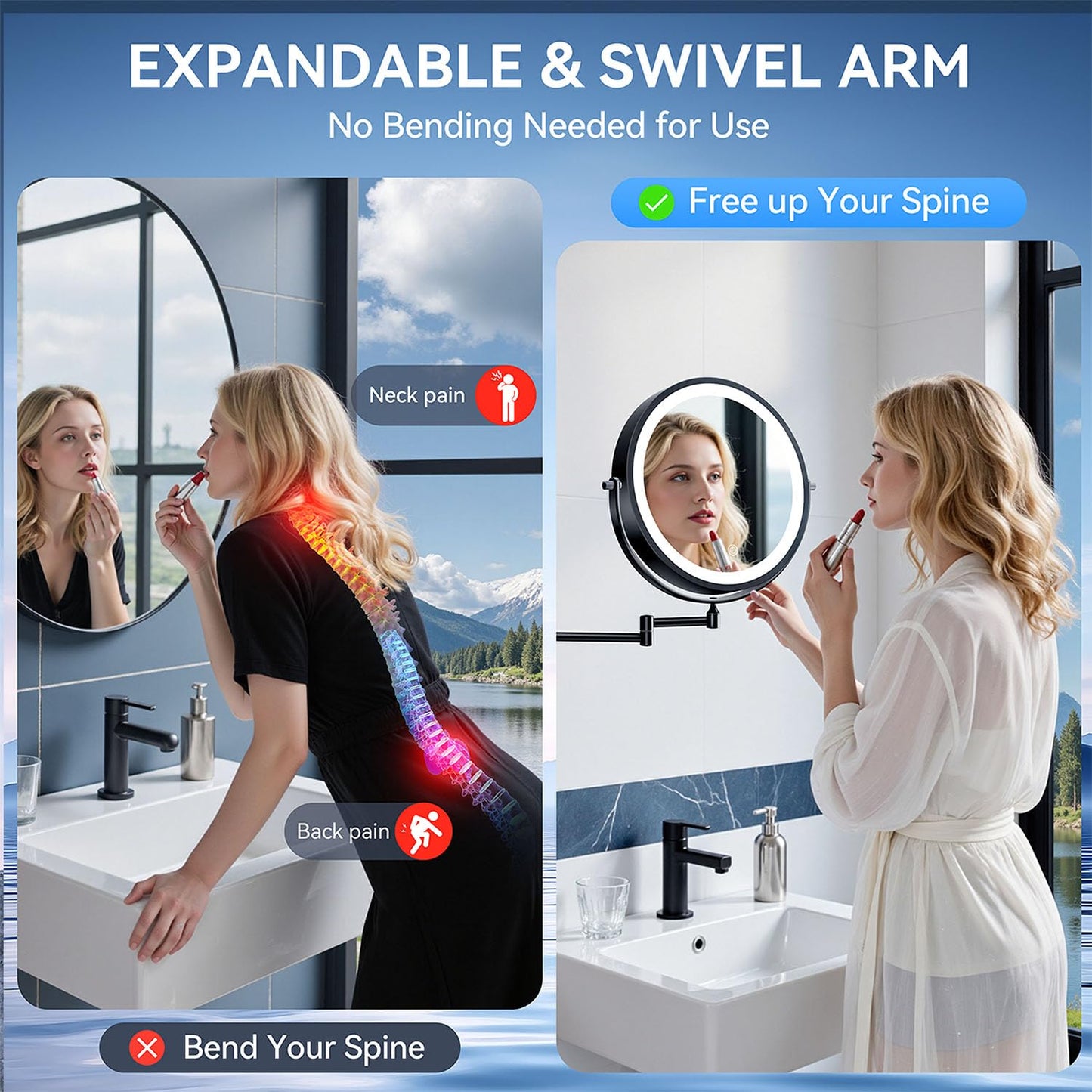 Auxmir 5000mAh Rechargeable Wall Mounted Makeup Mirror, 1X/30X Double Sided Magnifying Bathroom Mirror, 10" Lighted Vanity Mirror with 3 Color Modes, Touch Dimmable, 360° Swivel Extended Arm, Black