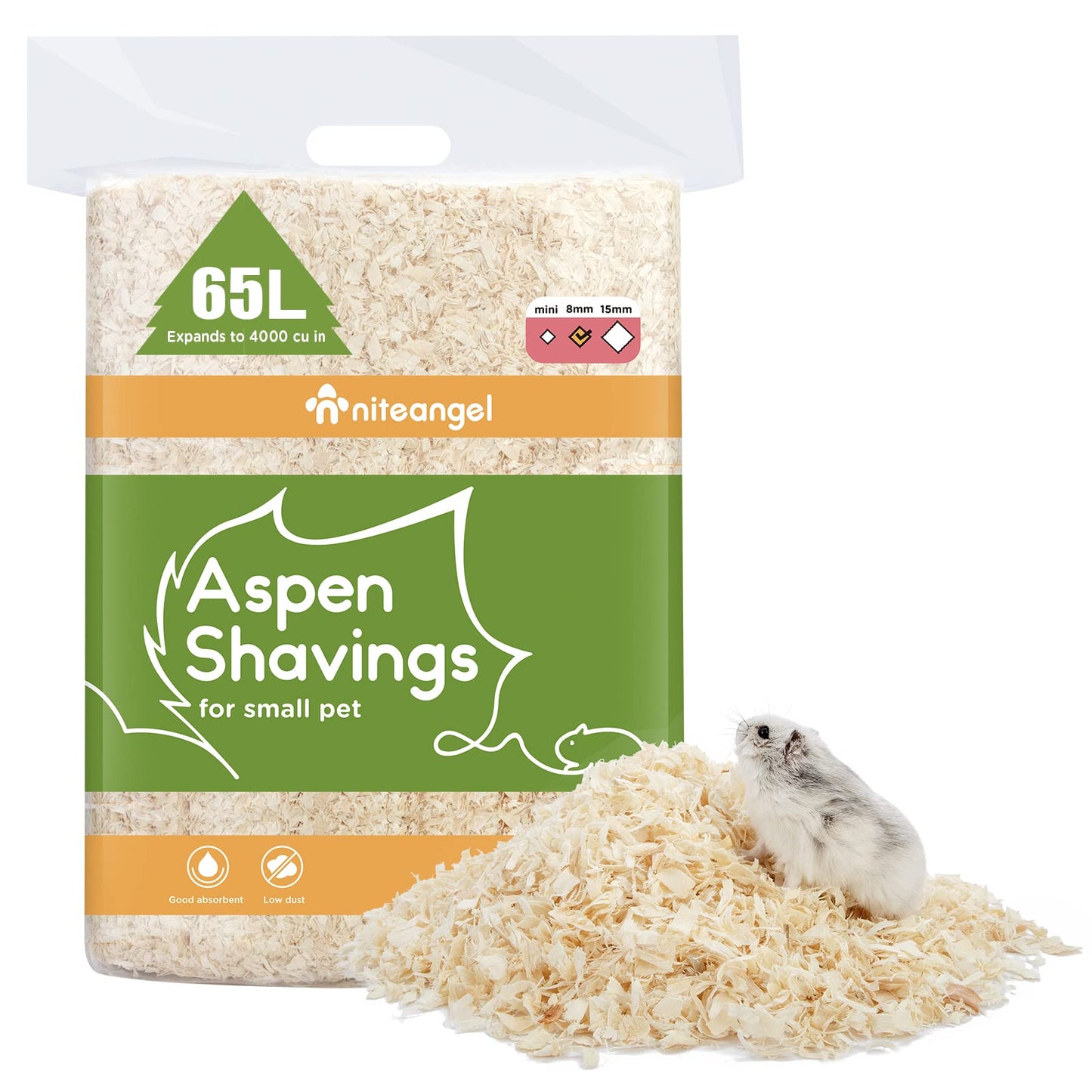 Niteangel Aspen Shaving Hamster Beddings for Syrian Dwarf Hamster Gerbil Mice Degu Rat Rabbit Bunny Guinea Pig Chinchilla Hedgehog or Other Small Pets (65L - 8mm)